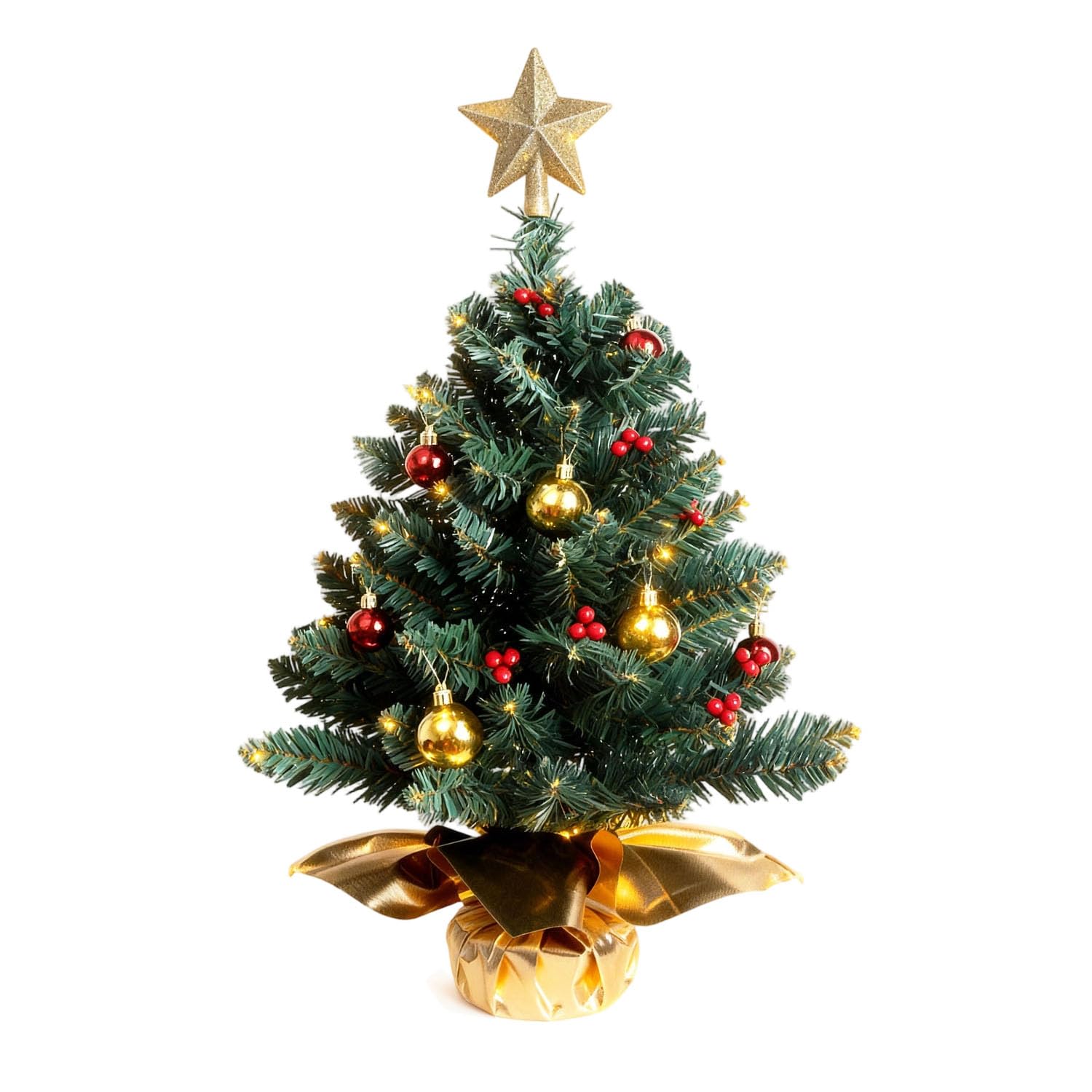 Liecho Mini Christmas Tree, 24 Inches, with Hanging Ornaments, Battery Operated Artificial Christmas Tree, Best DIY Christmas Decoration, Gold