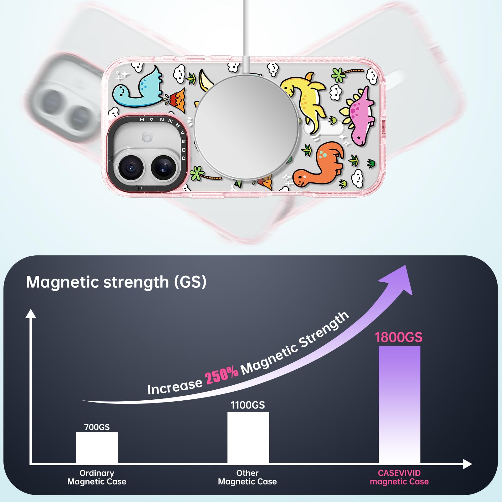 Rosarnnah Bonita funda para iPhone, compatible con Magsafe, duradera, a prueba de golpes, caída de 6.5 pies, divertido diseño de dinosaurio bebé para iPhone (6.1 pulgadas), rosa brillante