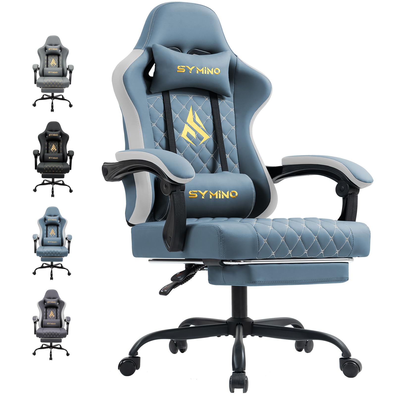 Symino Gaming Chair with Footrest, Computer Ergonomic Video Game Chair, Adjustable Swivel Task Chair with Lumbar Support, PC Chairs, Office Chair PU Leather, Blue