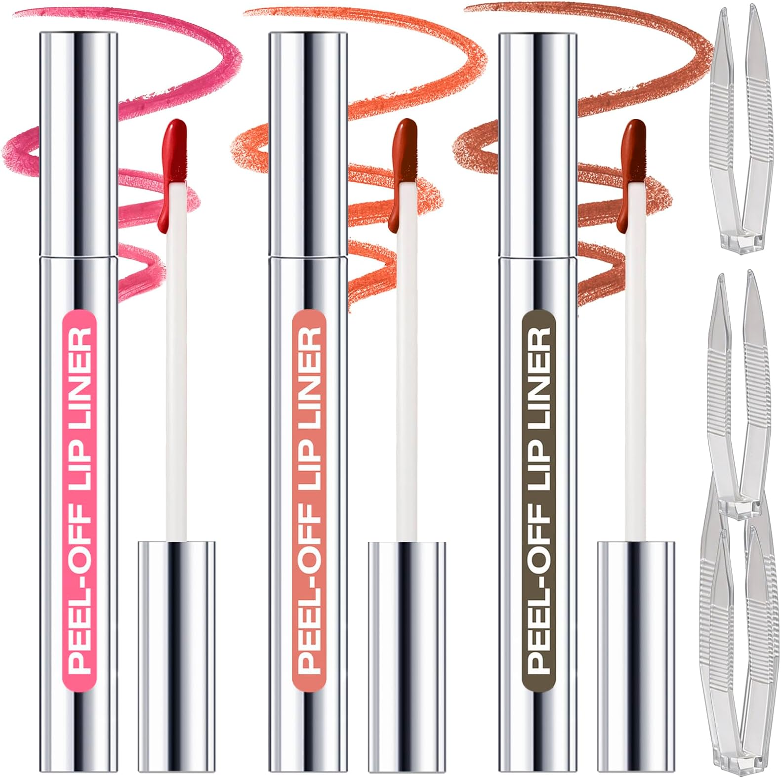3 Colors Peel Off Lip Liner Stain with Tweezer K, Long Lasting Waterproof Lip Tint Stains Makeup Set with Matte Finish for Women, Natural Look, Easy to Use, for All Skin Types (#0,1,5)