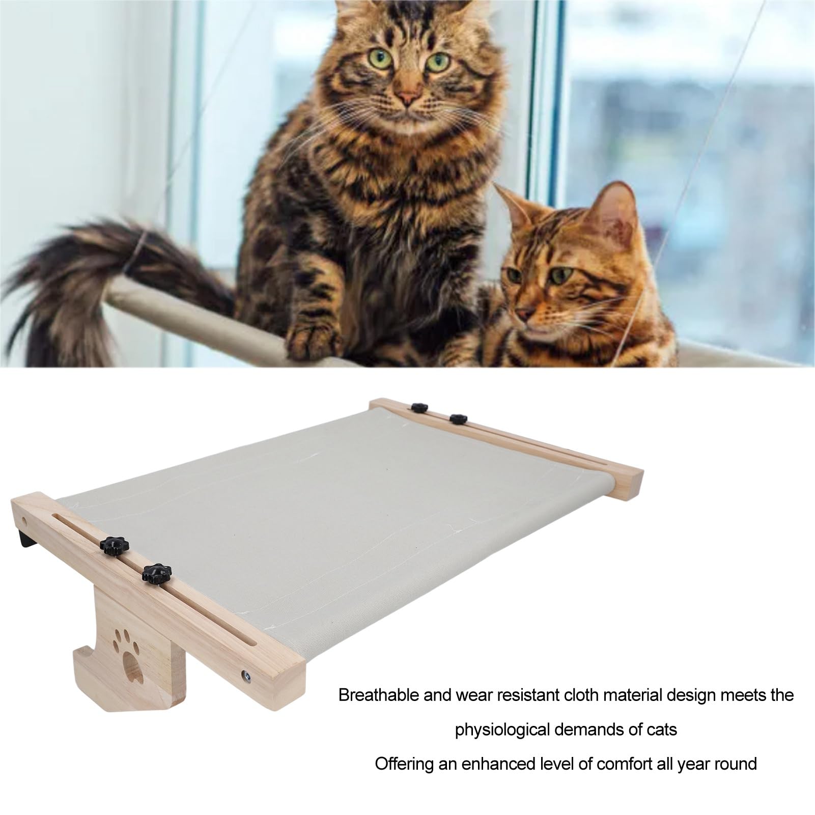 Solid Wood Cat Window Perch, Breathable Cloth Hanging Bed for Cats, Sturdy & Comfortable Resting Space, Reducing Spinal Pressure, for Indoor Cats, for Balconies, Windows or Bedside