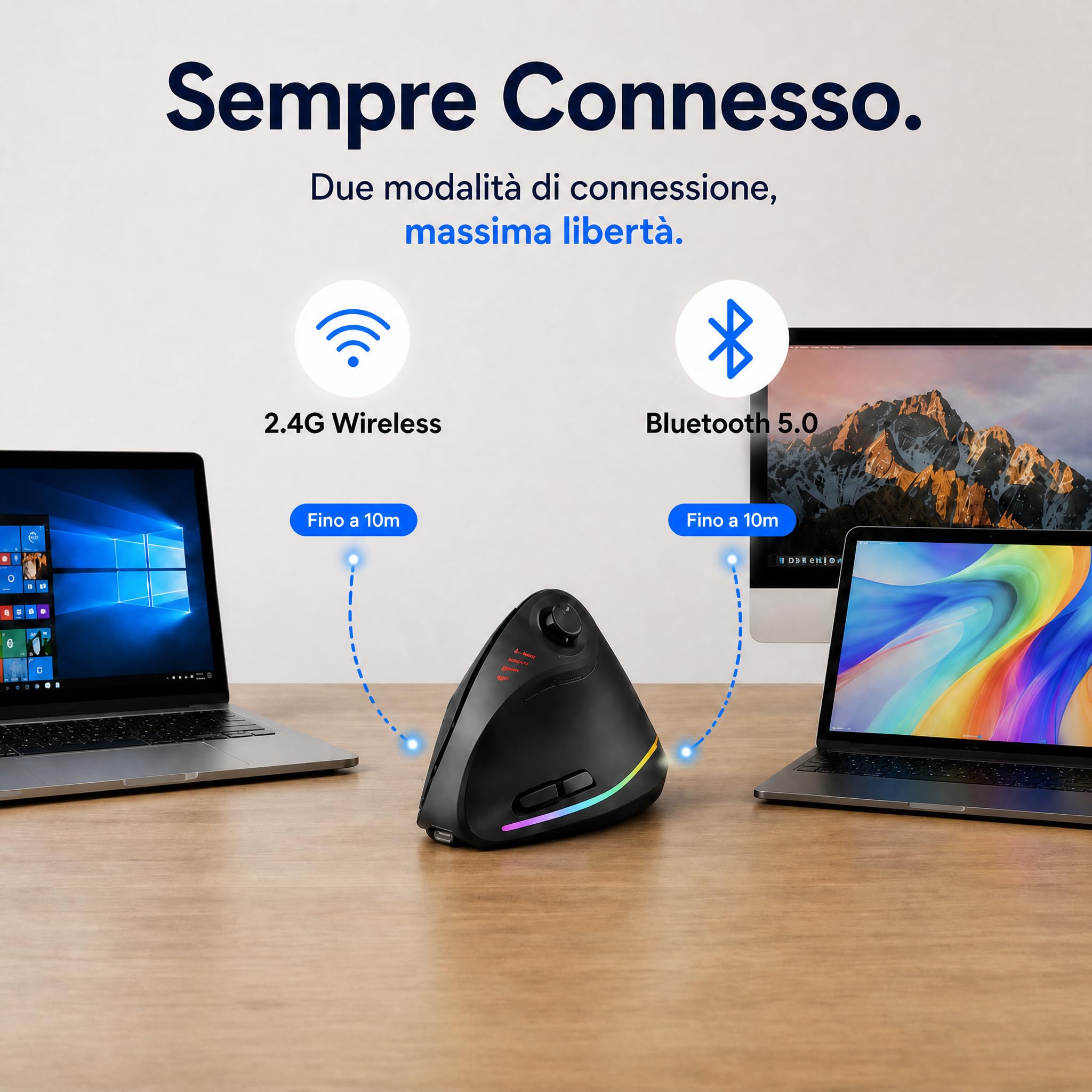 Mouse Ergonomico Wireless Ricaricabile con Joystick, Mouse Verticale Bluetooth & 2.4G con 12 Pulsanti Programmabili, Mouse Ricaricabile 24000 DPI con RGB, Mause Semza Filo per PC, MacBook e Laptop