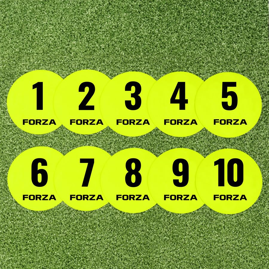 FORZA Numbered Flat Disc Markers [Set of 10] | Non-Slip Training Discs for Soccer, Footbal,l Basketball & Speed Agility Drills | High Visibility,