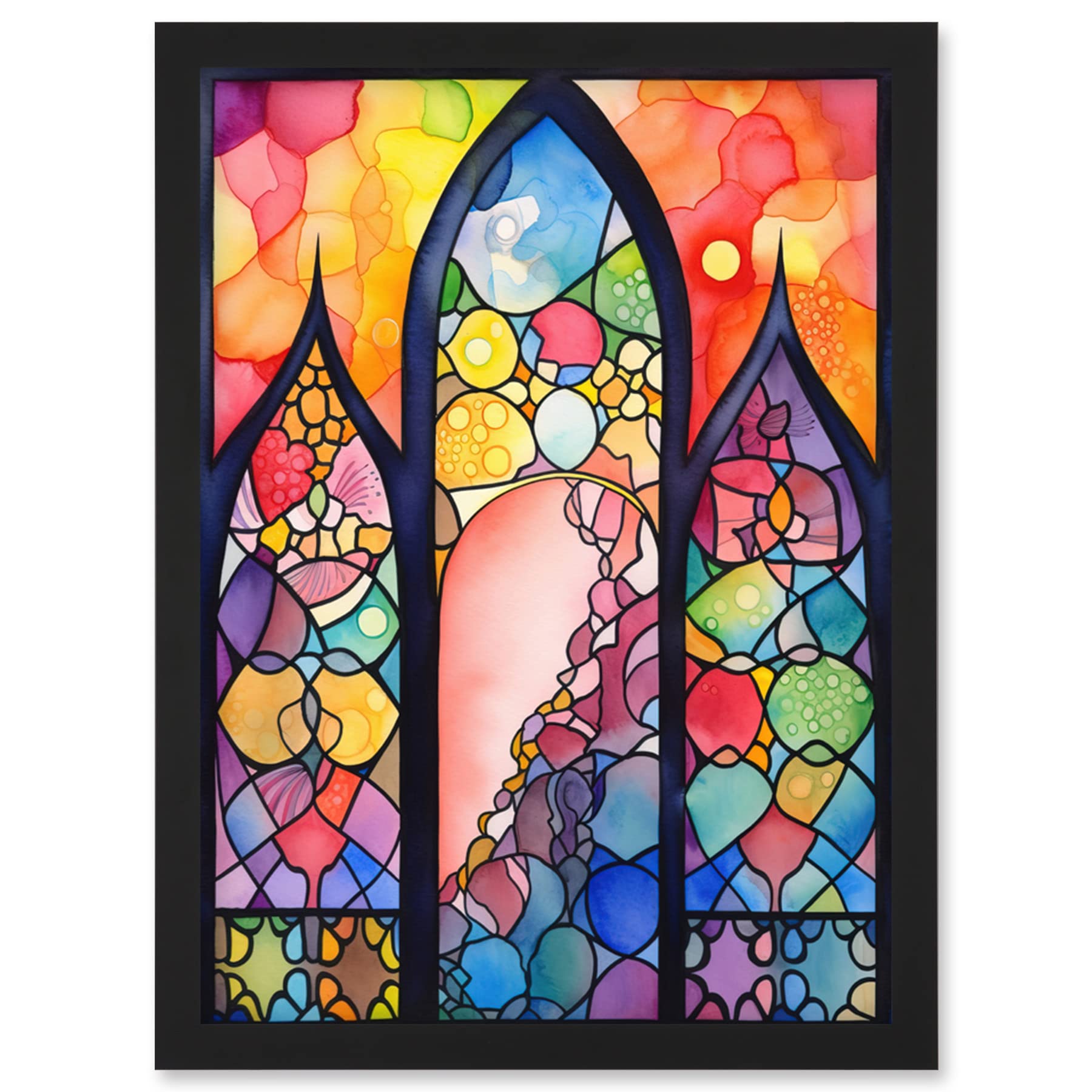 Artery8 Stained Glass Window Folk Art Abstract Artwork Framed Wall Art Print A4