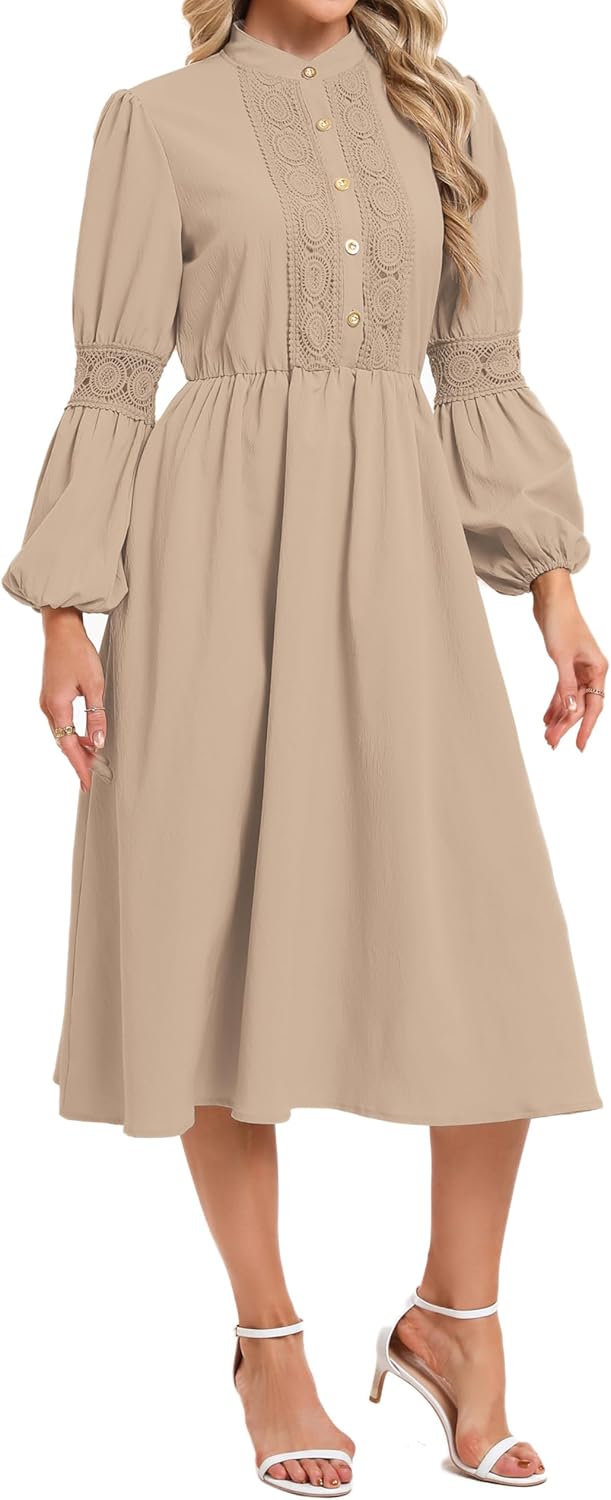 Women's 2026 Spring Dresses Long Puff Sleeve Crew Neck A Line Elastic Wasit Embroidery Formal Casual Midi Dress - Image 4