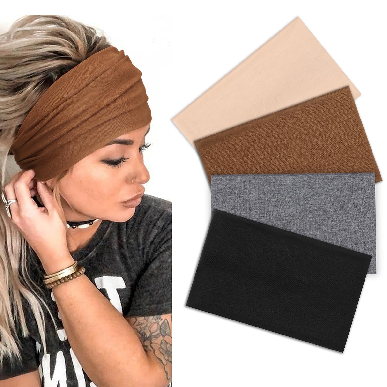 DRESHOW Wide Turban Headbands for Women Non-Slip Soft Elastic Hair Bands Workout Yoga Running Daily Wear Head Band Girls Accessories 4 Pack