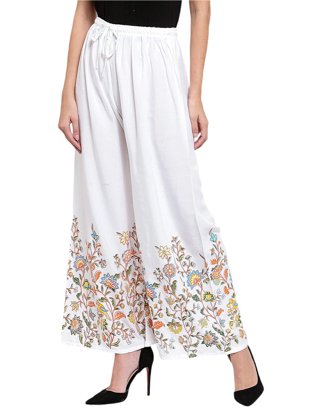 Women Flower Print Palazzo Pants : Printed Design, Comfortable Relaxed Fit Viscose Rayon Trousers with Ethnic Wide Leg Design, Elastic Waist Closure, Casual, Festive Occasions (Free Size - 28 to 42)-picture-50