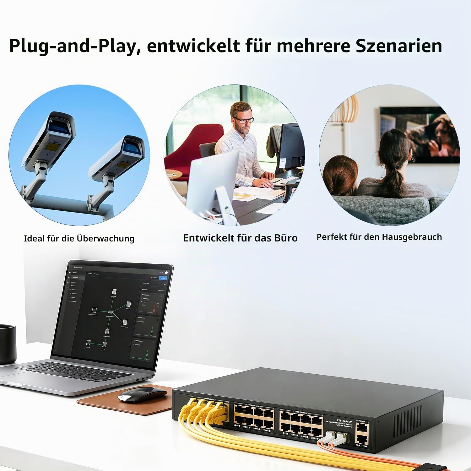 24-Port-POE-Switch, 2 Gigabit-Uplinks, 2 SFP-Steckplätze, IEEE 802.3af/at, 450 W Hochleistungsleistung, Metallgehäuse, unmanaged Plug-and-Play, Rack-Montage | Desktop-Ethernet-Switch von Binardat