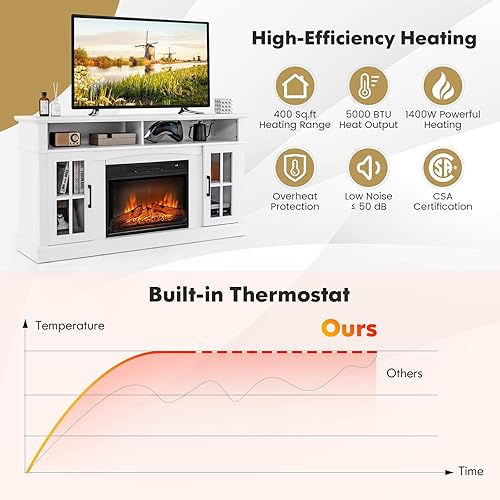 Miniatura 8 de COSTWAY Soporte eléctrico para TV con chimenea para televisores de hasta 65 pulgadas, calentador de 1400 W con control remoto, temporizador de 6