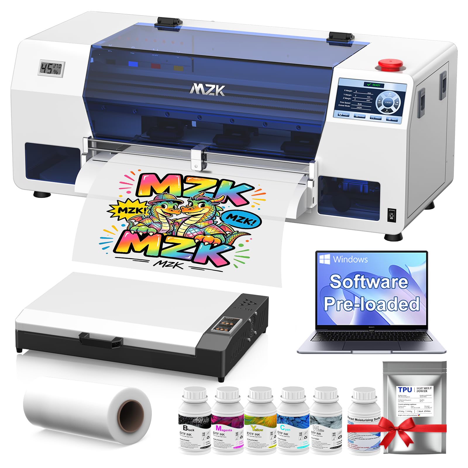MZK A3 DTF Printer with F1080 Printhead - Automatic Time Cleaning Maintenance+Ink Anti-Clog Design,2X-Speed Compared to L1800&amp;R1390,5" LED Multi-Function Display,Film Cutter,Gift Ink 2 Years