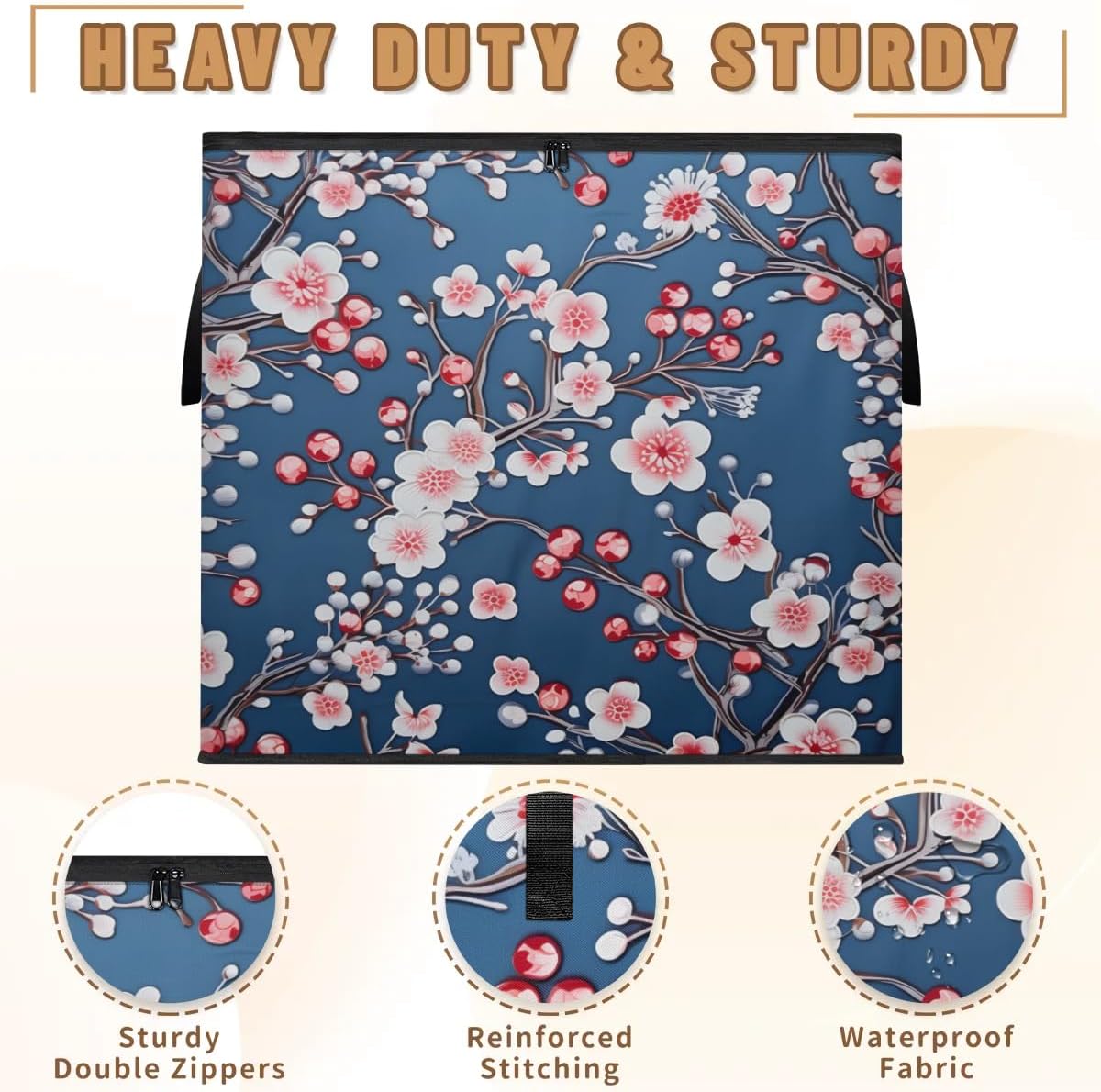Honeybaby 214L Extra Large Comforter Storage Bag Blossoms Printed Cherry Storage Totes with Lids Waterproof Closet Organizer Folding Blanket Storage Bags for Clothes Bedding Pillows
