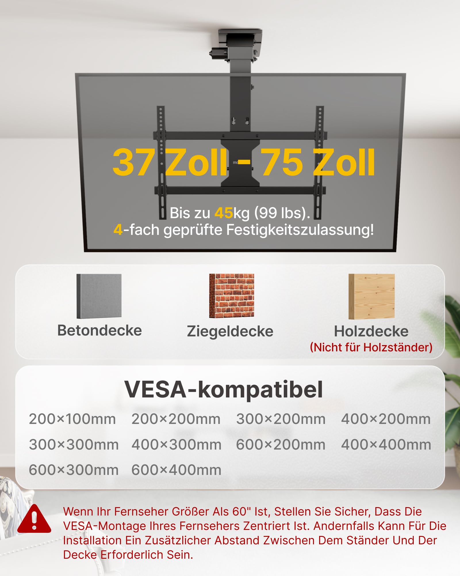 monTEK TV Deckenhalterung Elektrisch für 37-75 Zoll Fernseher,Bis zu 45 kg | Motorisiert absenkbar, für flache & geneigte Decken, Fernbedienung, App- und Sprachsteuerung, leiser Betrieb