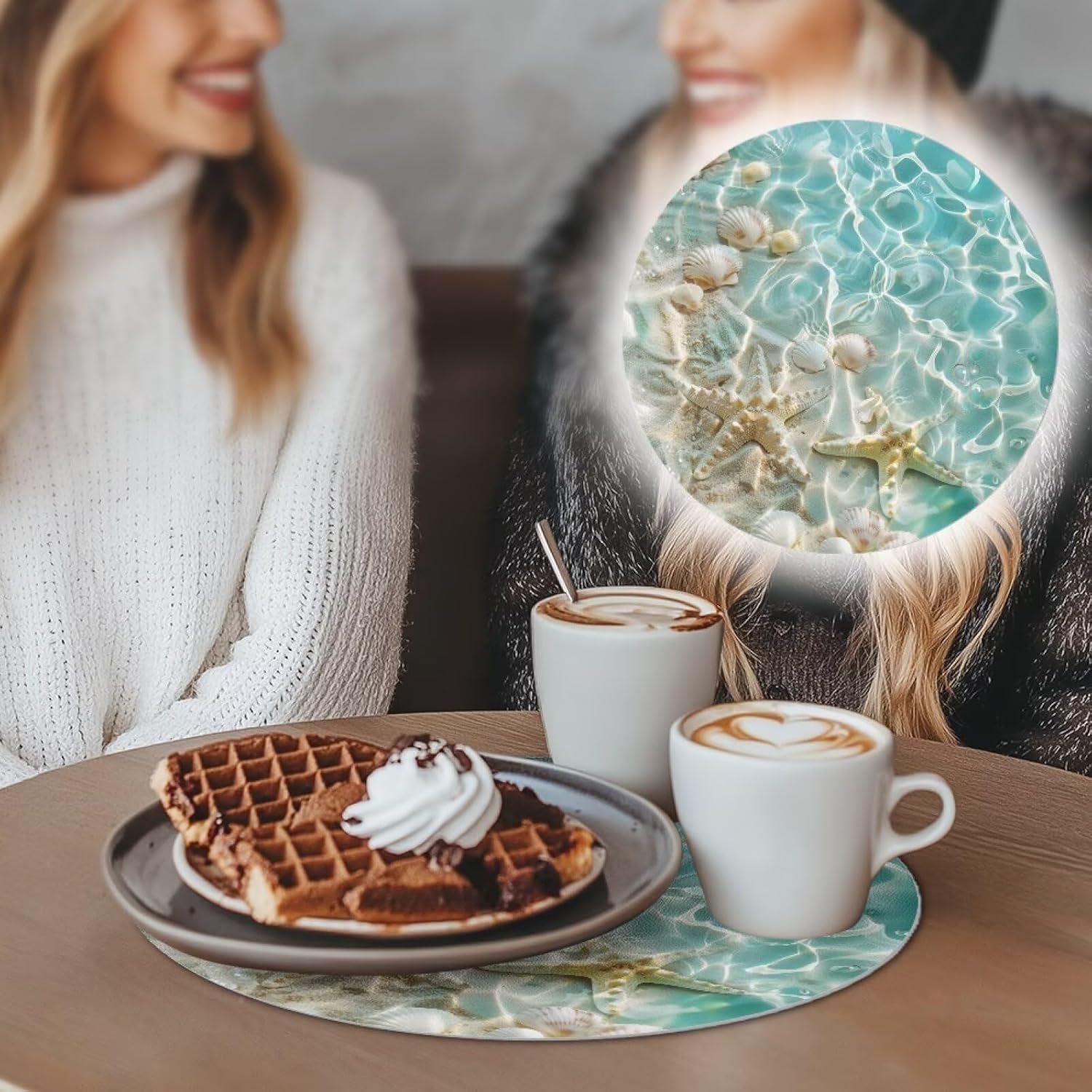 Beach Starfish Heat Resistant Placemats for Round Table 6 Pack Place Mats for Dining Tables Wipeable Faux Leather Placemats Nonslip Coffee Coasters for Outdoor Theme Party