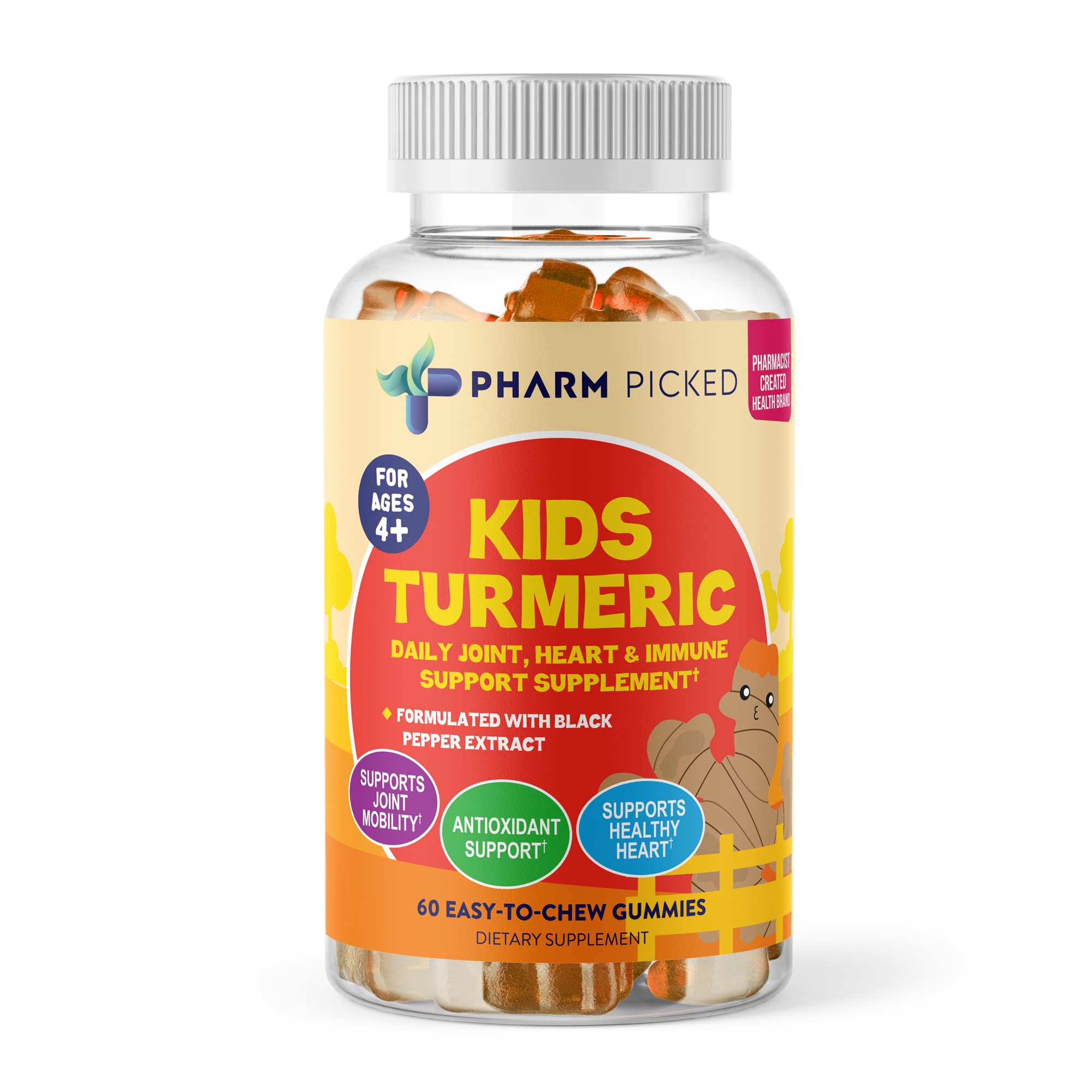 PHARM PICKED Kids Age 4+ Turmeric Gummies | Pectin-Based, Vegan, 95% Curcuminoids | Antioxidant with Heart & Immune Support (60 Capsules)