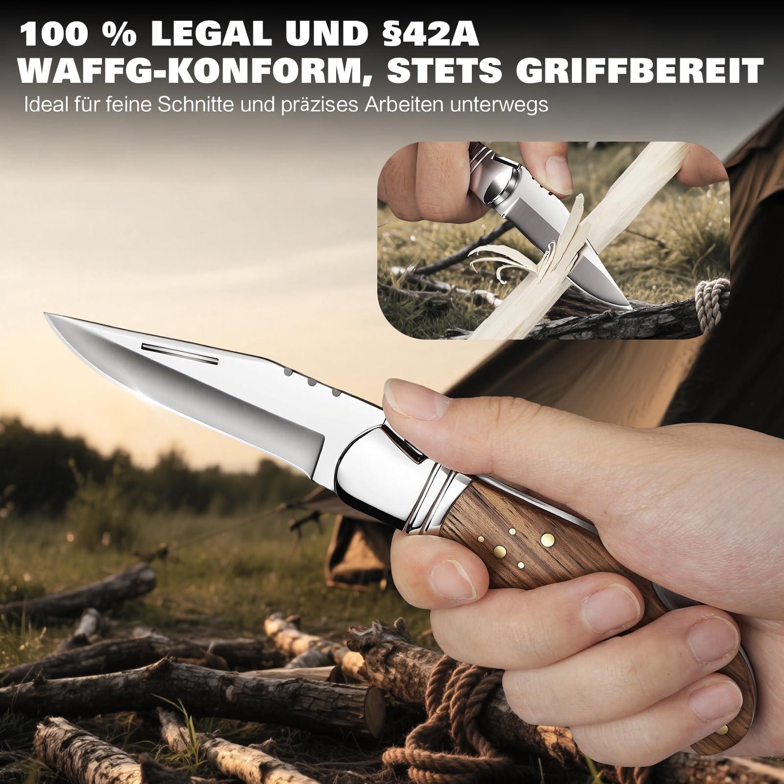 Couteau pliant QS1, couteau de poche en acier 440C avec verrouillage Lockback, poignée en bois de zébré, gaine en cuir, idéal pour le camping et les activités en plein air