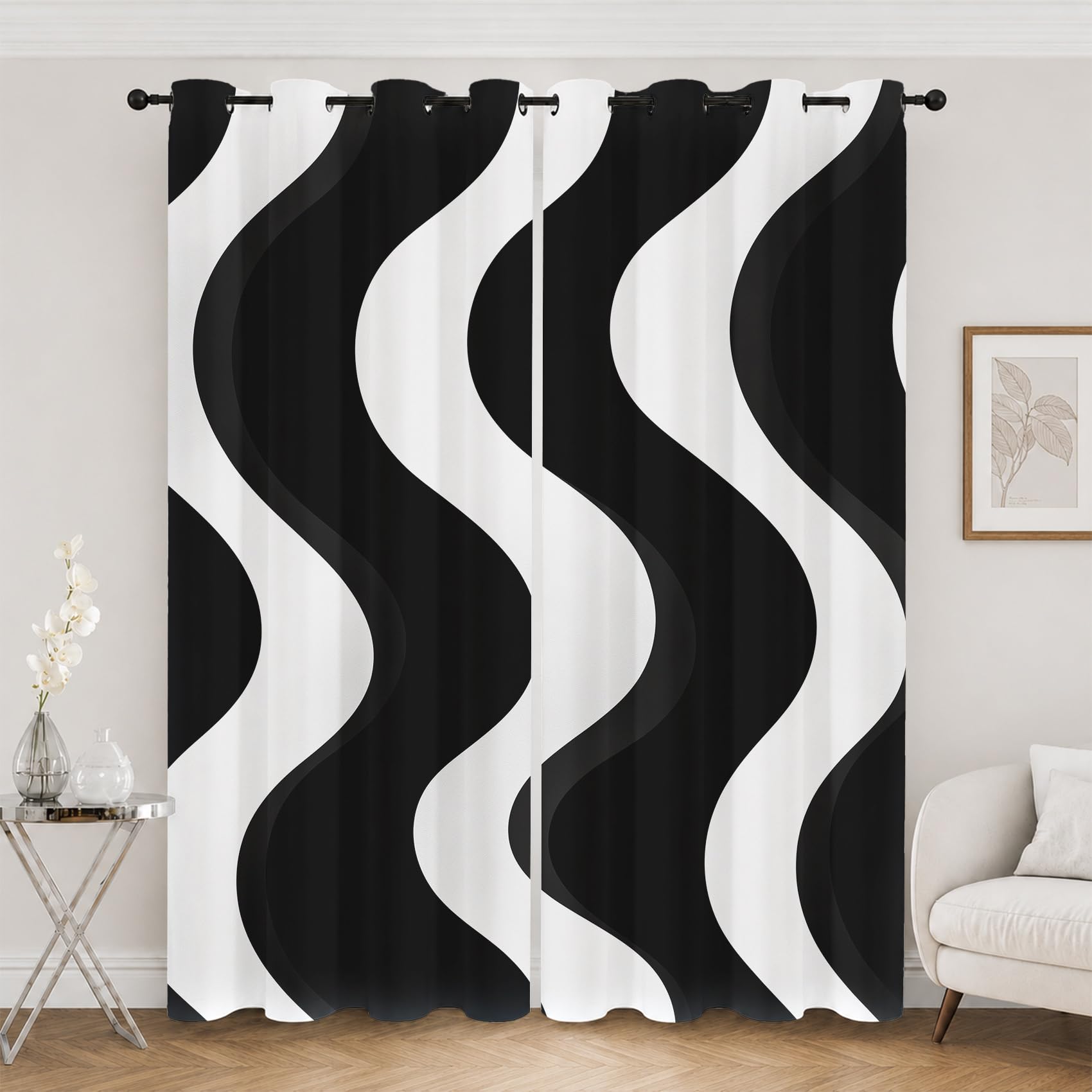 Rideaux géométriques isolant thermique et opaque à oeillets noir blanc