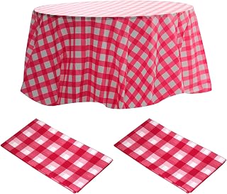 Red Gingham Checkered 2 Pack Premium Disposable Plastic Picnic Tablecloth 84" Inch Round Table Cover,Round White Table Cloth - Decorative Smooth Table Covers For Parties, BBQ, Indoor and Outdoor