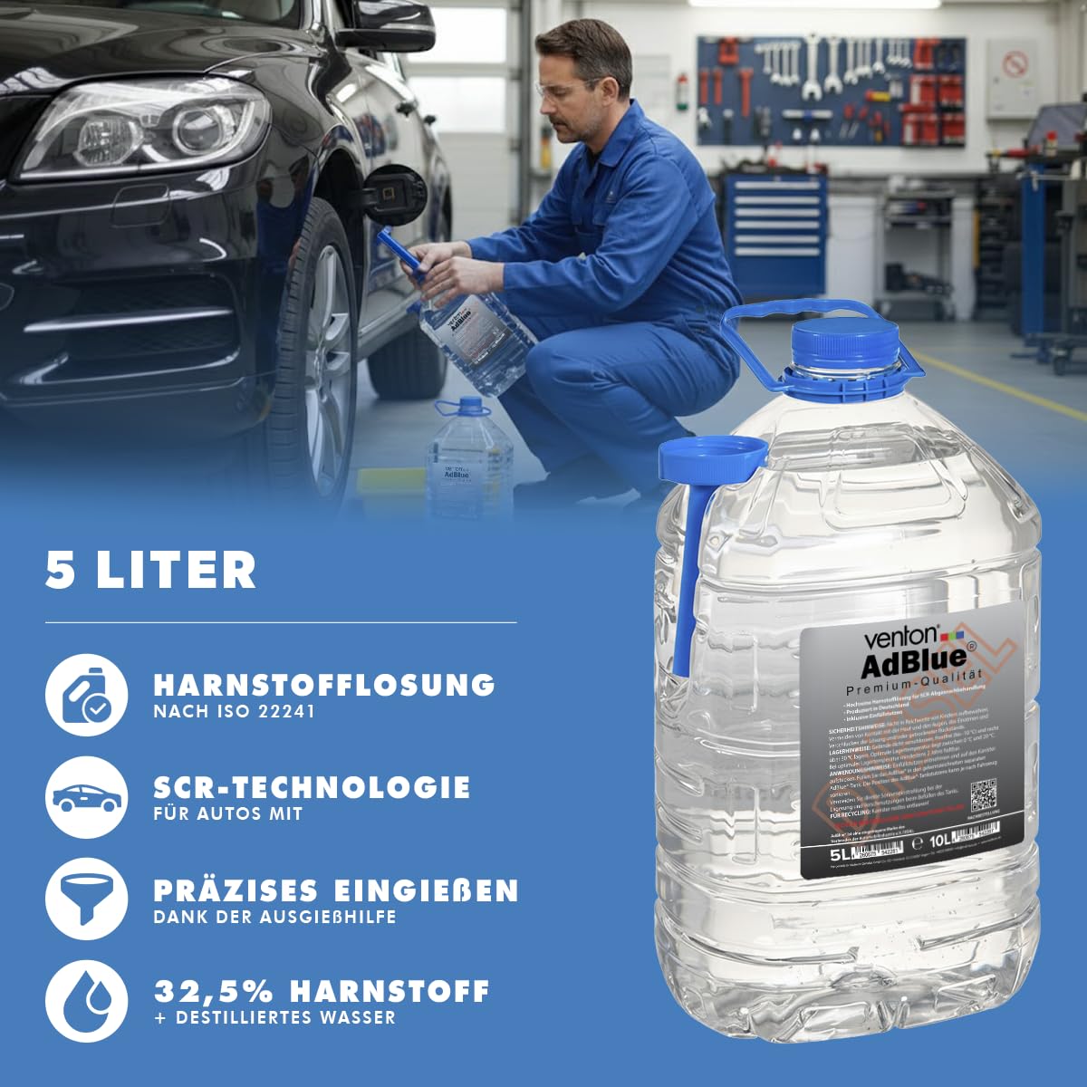 Zestaw 5 l: Venton 5 l Adblue + ściereczka z mikrofibry + 2 x rękawice + lejek, 5 litrów Ad Blue [Made in Germany] dodatek do silnika diesla, roztwór mocznika, kanister 5 l, dodatek do oleju
