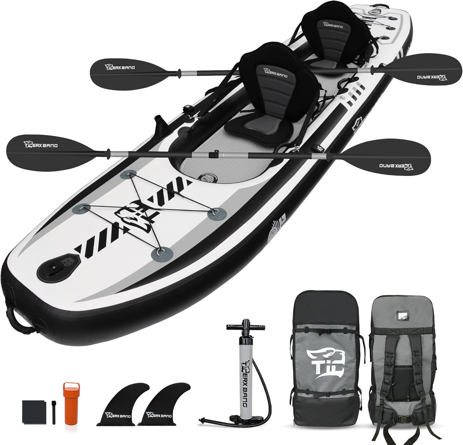 12'8" Inflatable Tandem Kayak, Fishing & Touring, 2 Seats, Adjustable Paddle, Perfect for Family Adventures & Fishing, Includes Backpack & Repair Kit