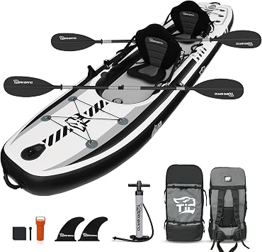 TIGERXBANG 128" Inflatable Tandem Kayak, Fishing & Touring, 2 Seats, Adjustable Paddle, Perfect for Family Adventures & Fishing, Includes Backpack & Repair Kit