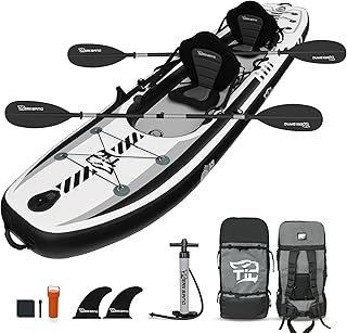 TIGERXBANG Aufblasbares Kajak, 390 x 95 x 20 cm, mit abnehmbarem Sitz, Sup-Kajak-Set inklusive Handpumpe/Aluminium-Paddel/Rucksack, aufblasbares Boot für Erwachsene / Kinder, zum Angeln, Tourismus