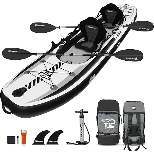 TIGERXBANG 12'8" Inflatable Tandem Kayak, Fishing & Touring, 2 Seats, Adjustable Paddle, Perfect for Family Adventures & Fishing, Includes Backpack & Repair Kit