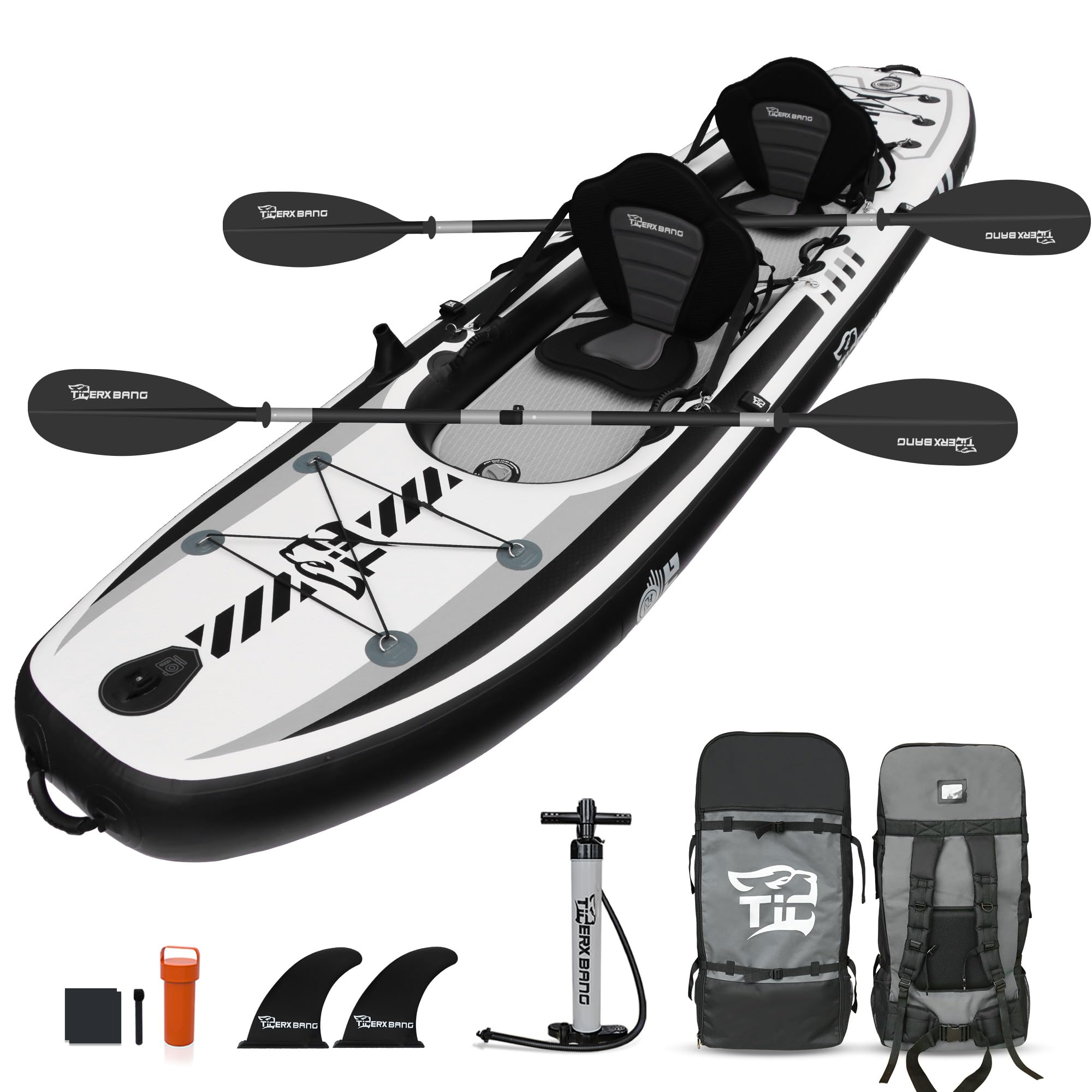 TIGERXBANG aufblasbares Kajak von 390x95x20cm mit herausnehmbarem Sitz, SUP-Kajak-Set inklusive Handpumpe/Aluminium-Paddel/Rucksack, aufblasbares Boot für Erwachsene/Kinder | zum Angeln, Touren
