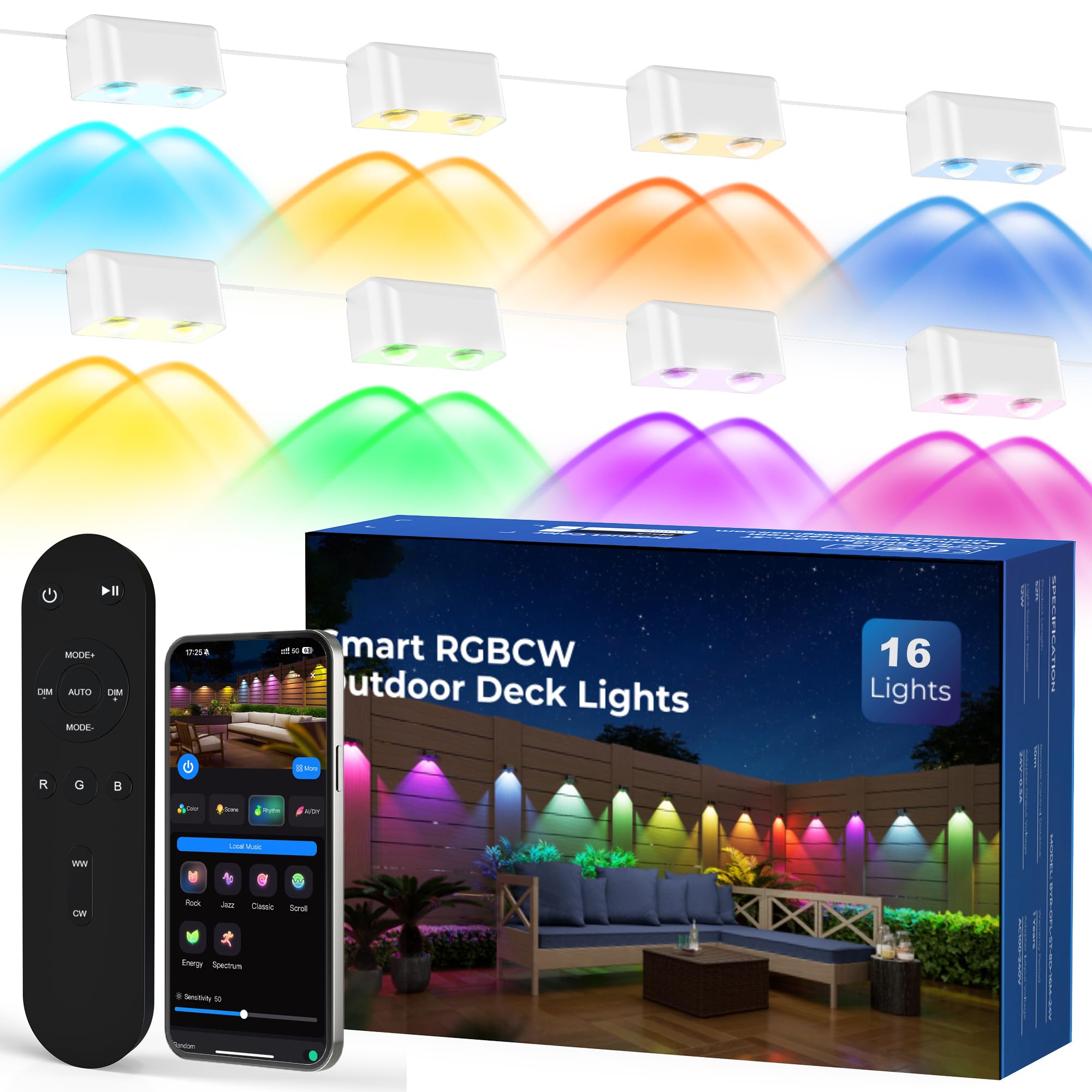 Outdoor Deck Lights, 16 Lights Smart Fence Lights Compatible with Alexa &amp; Google Home, IP65 LED Patio Deck Lighting with Remote, Fence Lighting Music Sync for Patio Yard Garden(104.8ft)