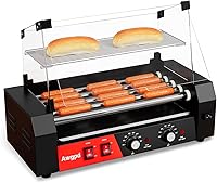 Awgpd Commercial Hot Dog Roller Grill: 5 Rollers, 12 Hot Dogs Capacity, 750W Stainless Steel, Dual Temp Control, Bun Warmer Shelf