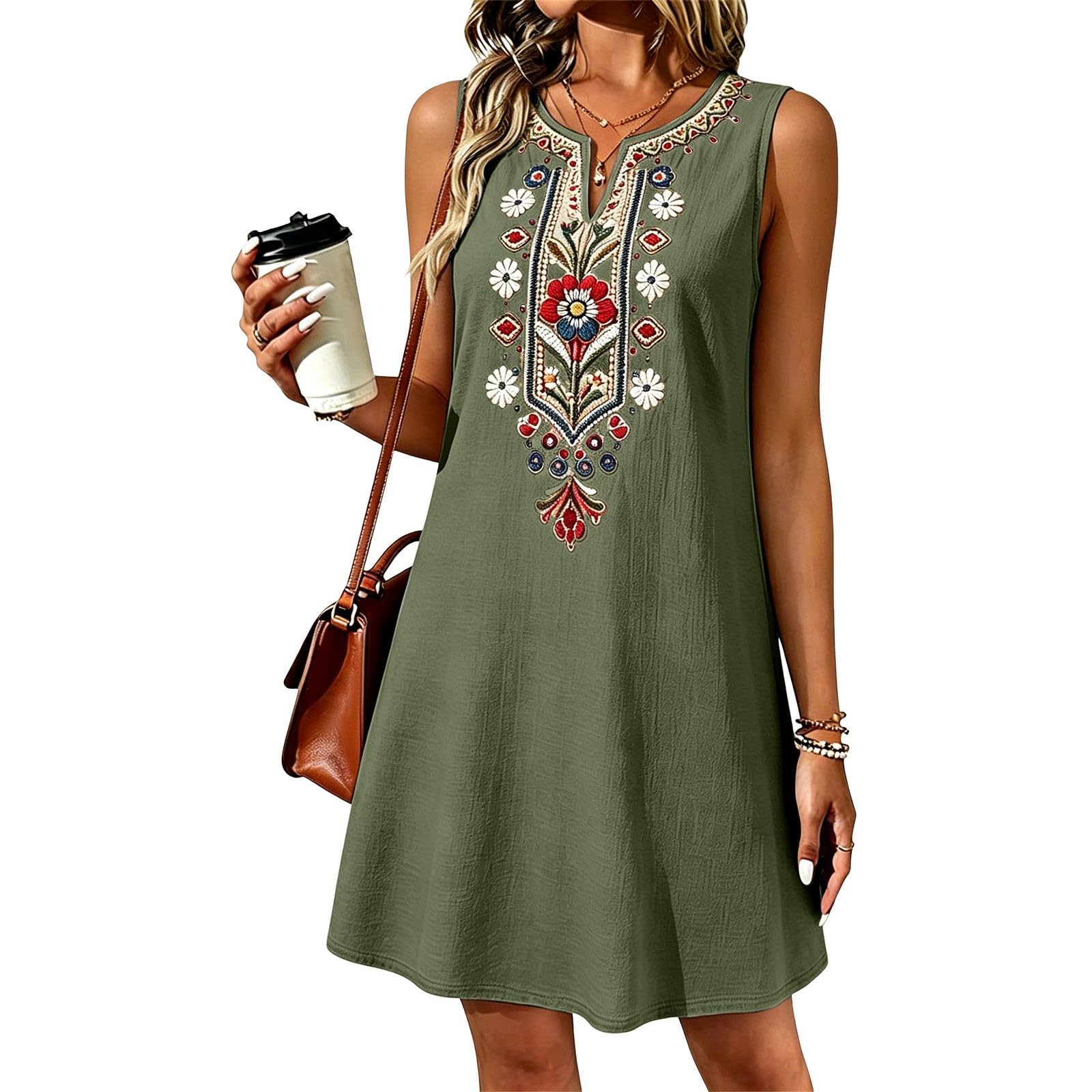 Vestidos de verano aireados Midi Vestido Bohemio Elegante Vestido de Verano Suelto Cuello Redondo Vestido Midi Vestido de Flores Sencillo Vestido de Playa Vestido de Playa Ligero Y Aireado