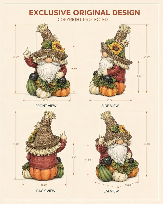 SHEHIM Fall Decor Handmade Resin Scarecrow Gnome – Integrated multi pumpkin display base