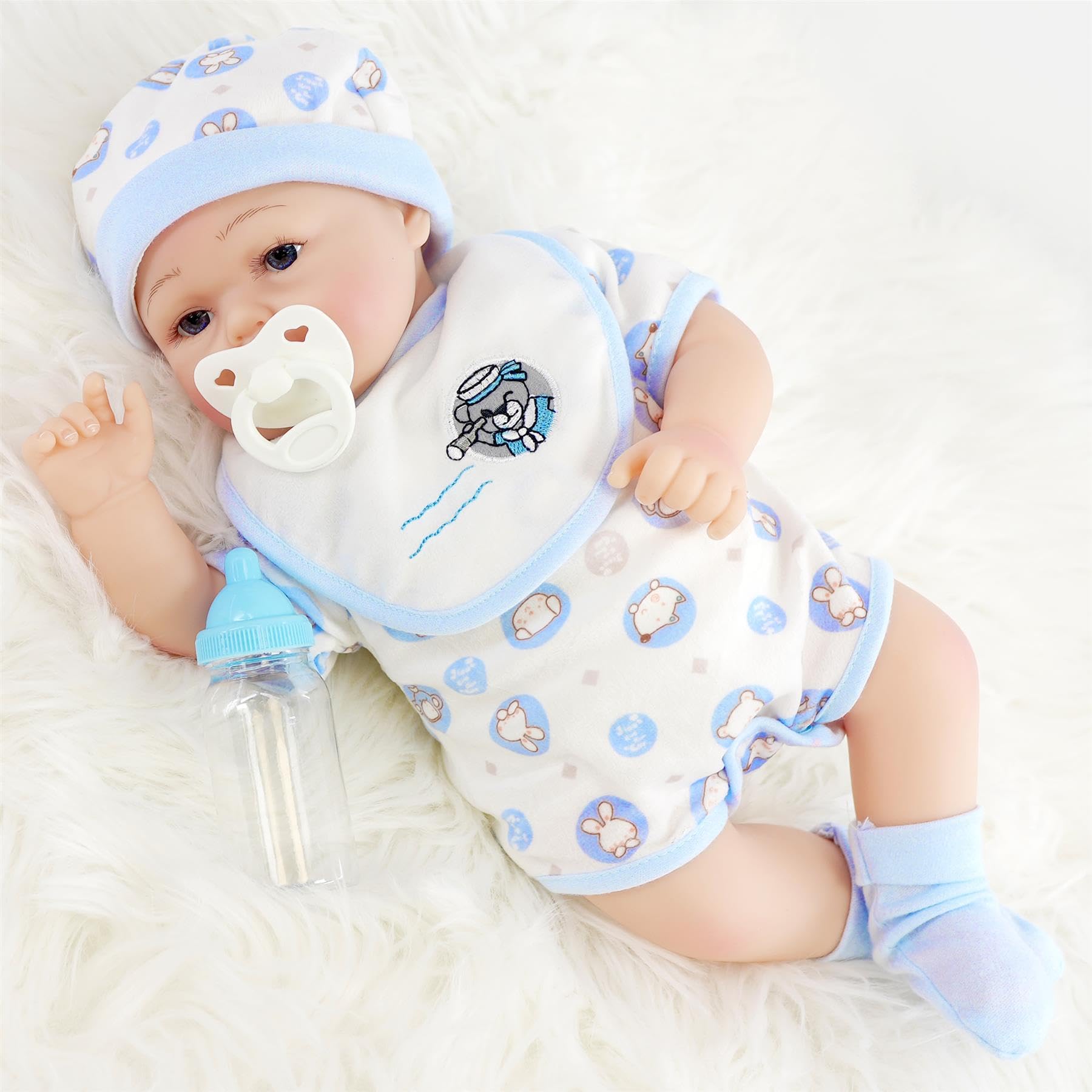 The Magic Toy Shop BiBi Doll Reborn Baby Boy Doll “Azul” 42cm – Realistic Newborn with Open Blue Eyes, Dummy, Bottle & Birth Certificate – Weighted Cloth Body & Soft Vinyl Limbs, for Kids Age 3+