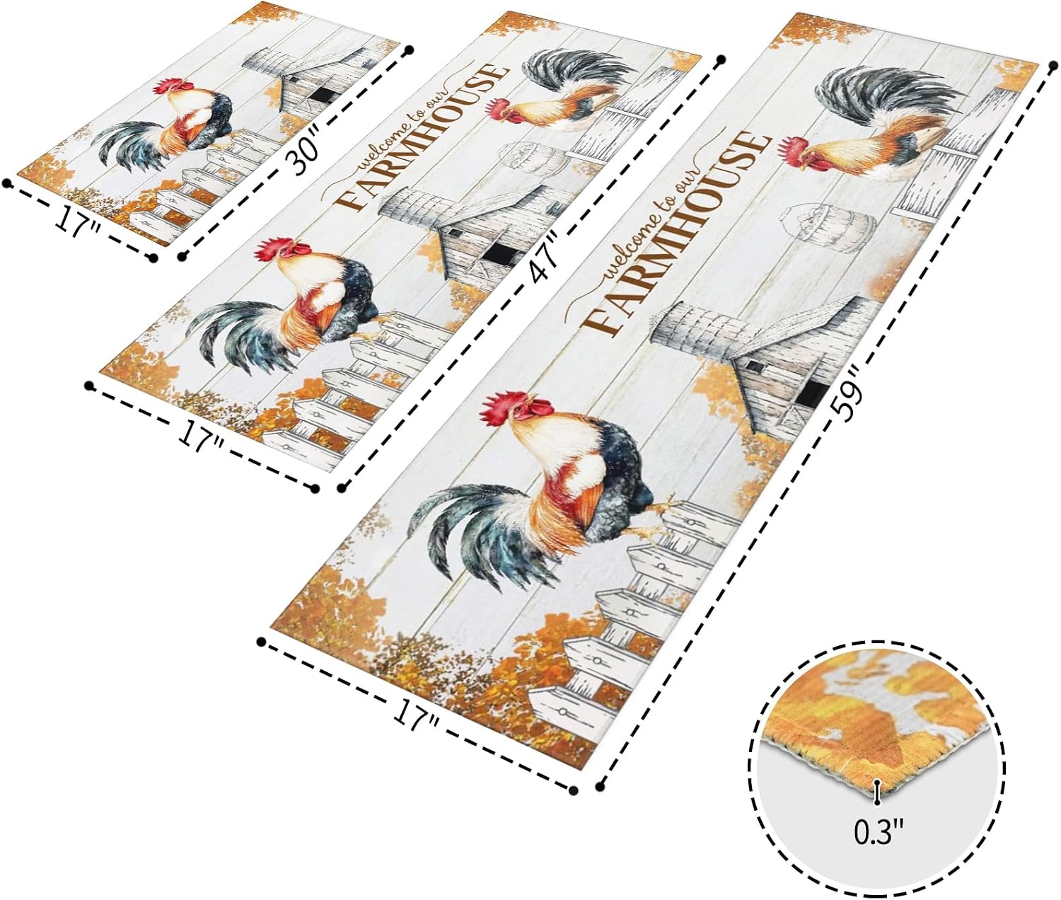 Rooster Kitchen Rugs and Mats Non-Skid Washable for Floor, Rooster and Chicken Kitchen Decor and Accessories Kitchen Mat Set of 3, 17"x30"+17"x47"+17"x59"