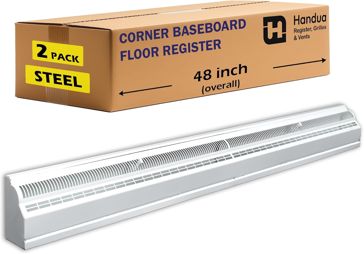 [2 Pack] Fits 48-Inch Baseboard Space, Baseboard Air Register Grille, 48" External Length Vent Cover Grill, Adjustable Lever for Air Flow Control, Removable Faceplate, White