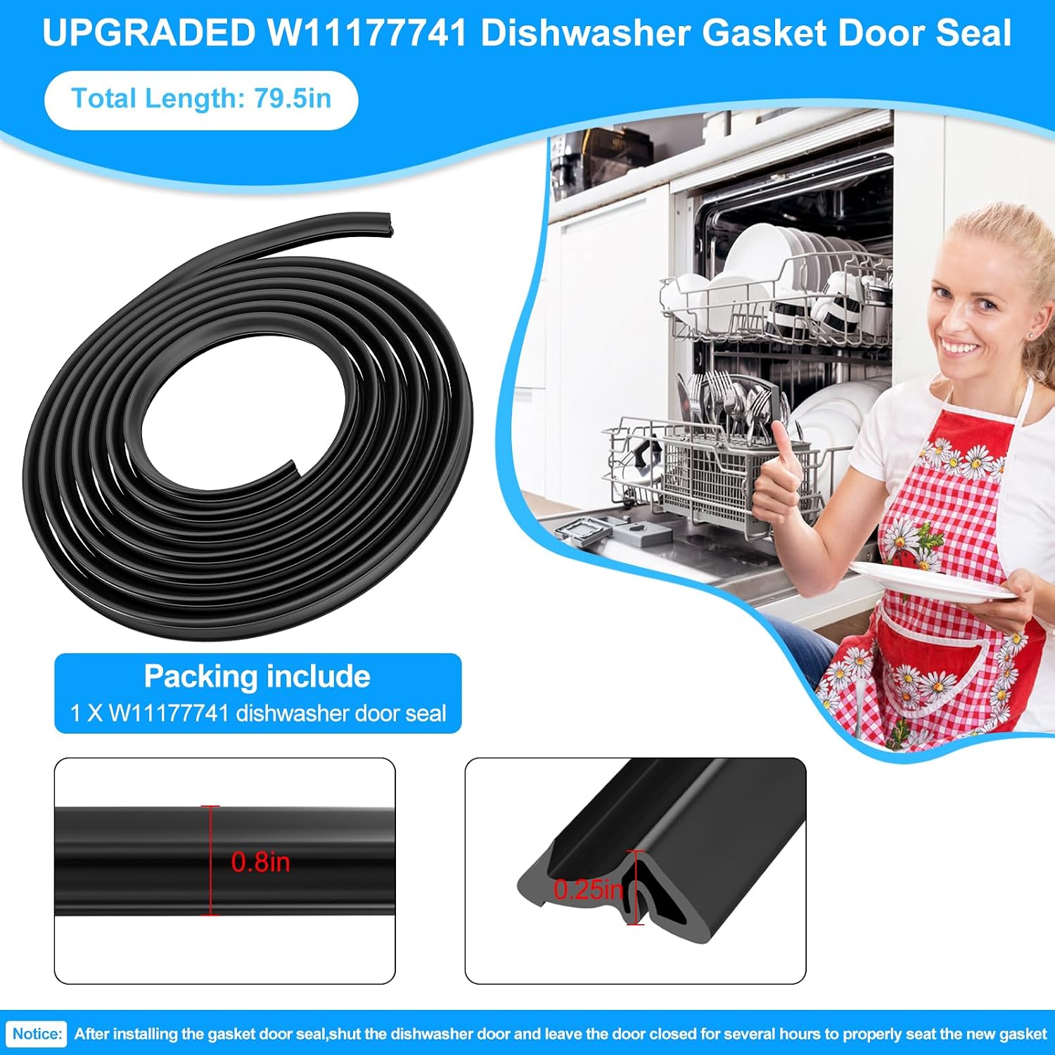 UPGRADED W11177741 Dishwasher Gasket Door Seal Compatible with Whirlpool Maytag KitchenAid Kenmore Dishwasher Parts Replacement W10300924 W10660528 W10300924V WDT750SAHZ WDTA50SAHZ Door Seal