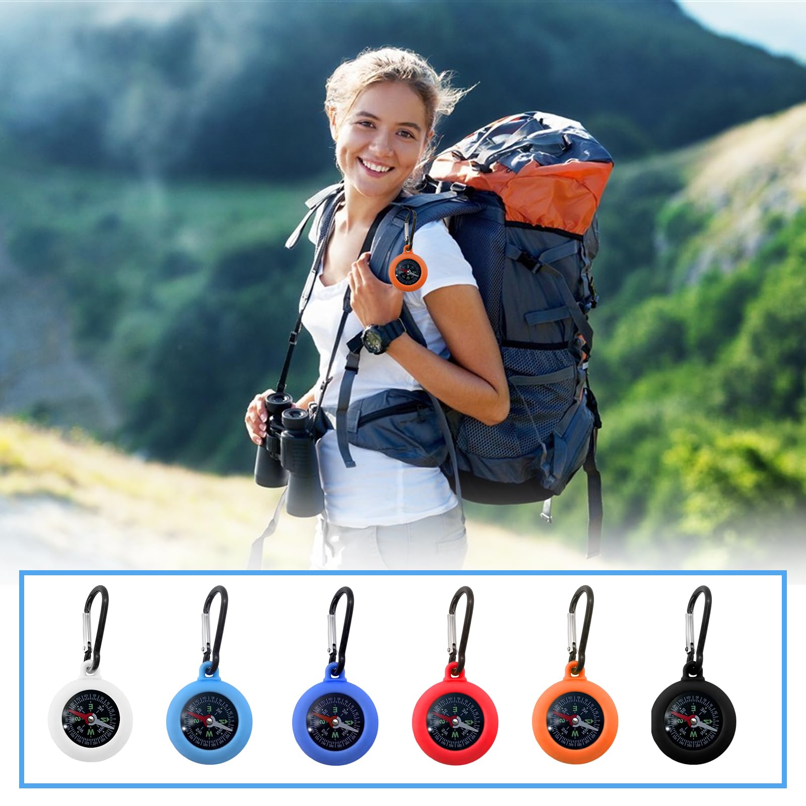 6 Pièces Boussole avec Mousqueton 2 en 1, Mini Boussole de Camping Multicolore pour Randonnée Enfants, Porte-Clés Étanche Résistant à l'eau pour Extérieur, Urgence, Cadeau