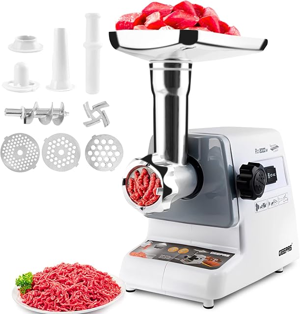 Geepas 2000W Electric Meat Grinder - Sausage Maker, Meat Mincer, Sausage Stuffer Food Grinding Mincing Machine with Kibbe Attachment  3 Different Cutting Plates, Reverse Function  2 Year Warranty