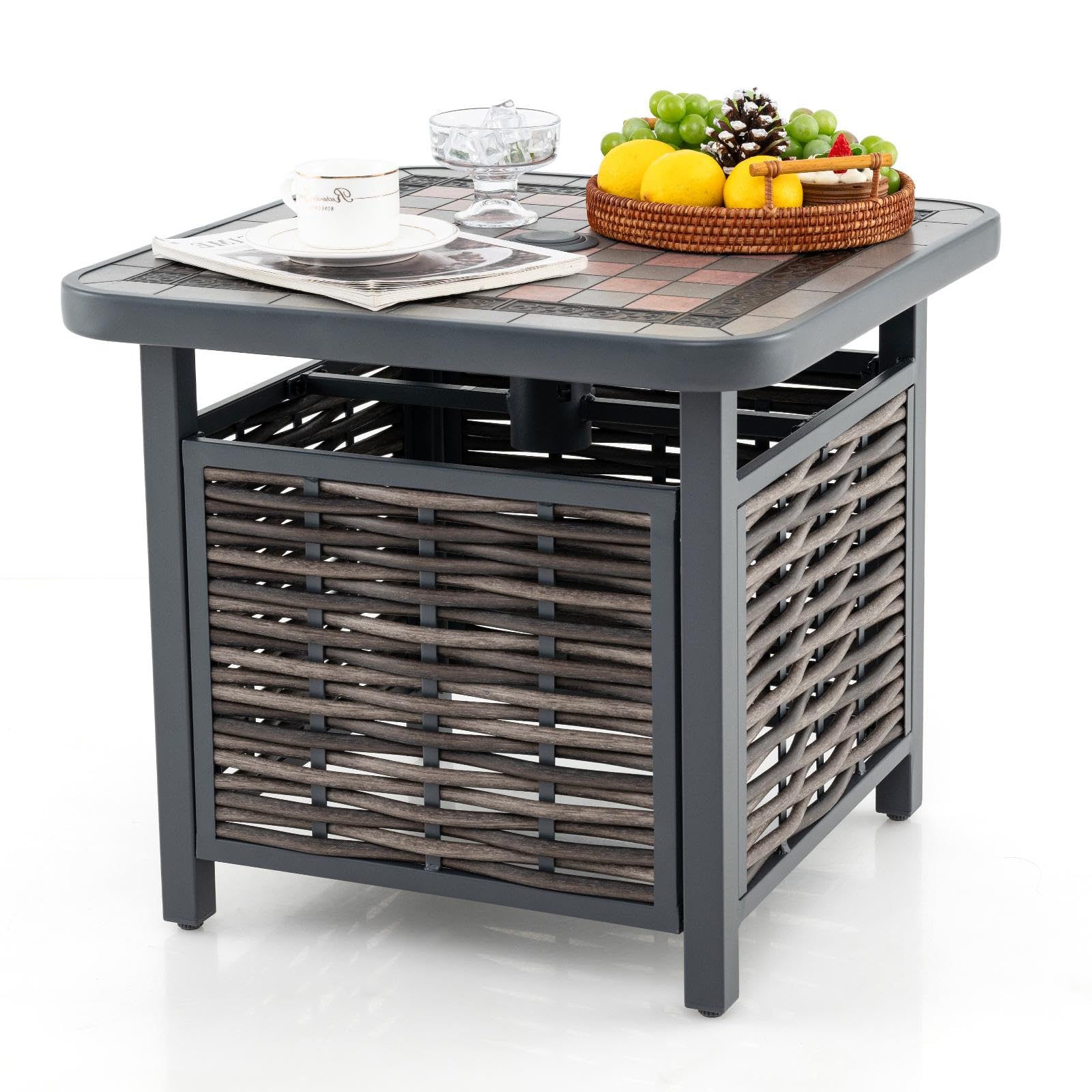 KOMFOTTEU Mesa Auxiliar con Agujero para Sombrilla, Mesa Baja de Ratán PE, Mesita de Café Cuadrada con Estructura de Metal, Mesa para Jardín, Patio, Terraza, 55 x 55 x 50 cm
