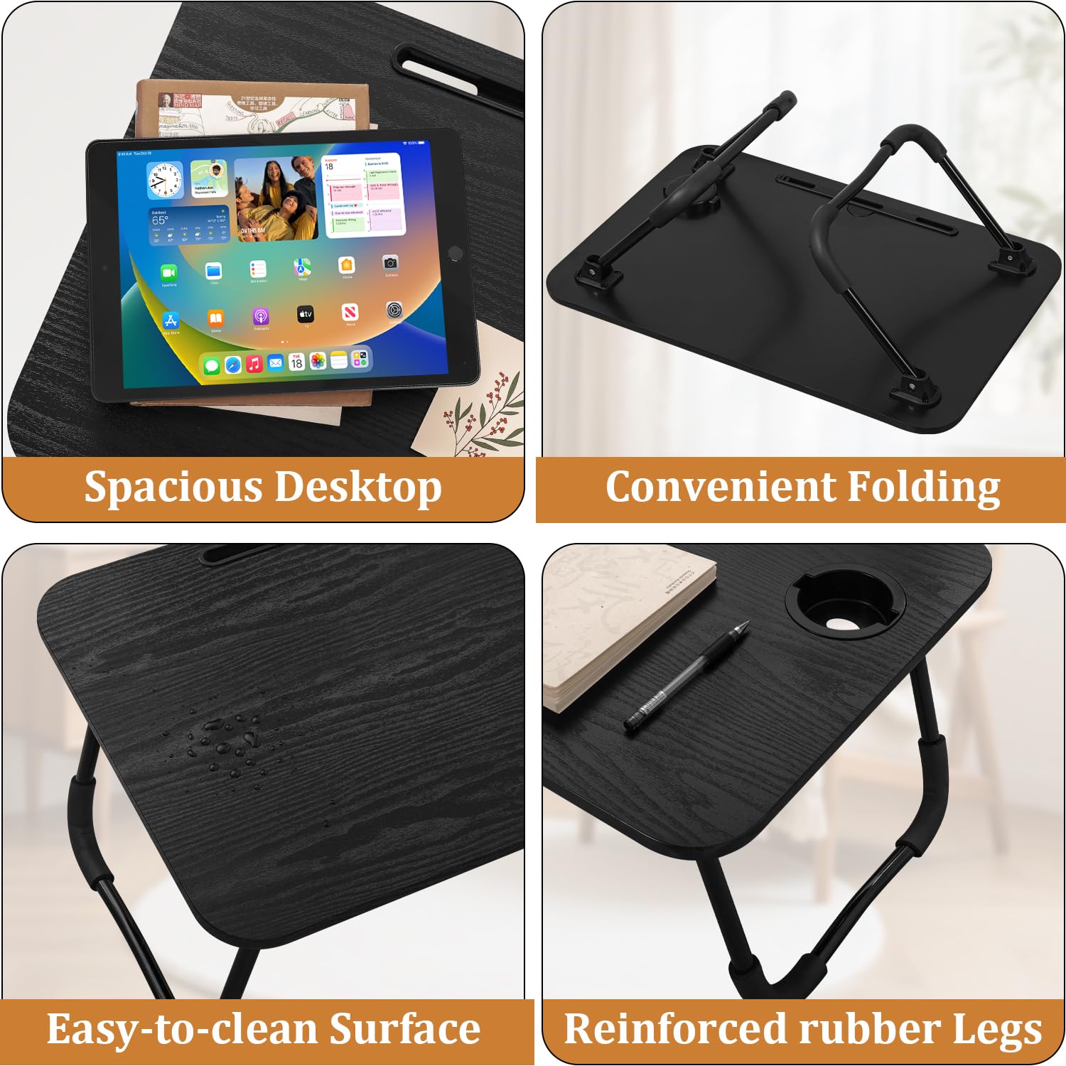 Schoßschreibtische für Erwachsene, klein, schwarz, Laptop-Schreibtisch, Holz, Laptop-Ständer, Tische, Klapptisch, Knietablett, Tisch mit Getränkehalter, faltbar, tragbar, Couch, Bodenschreibtisch für