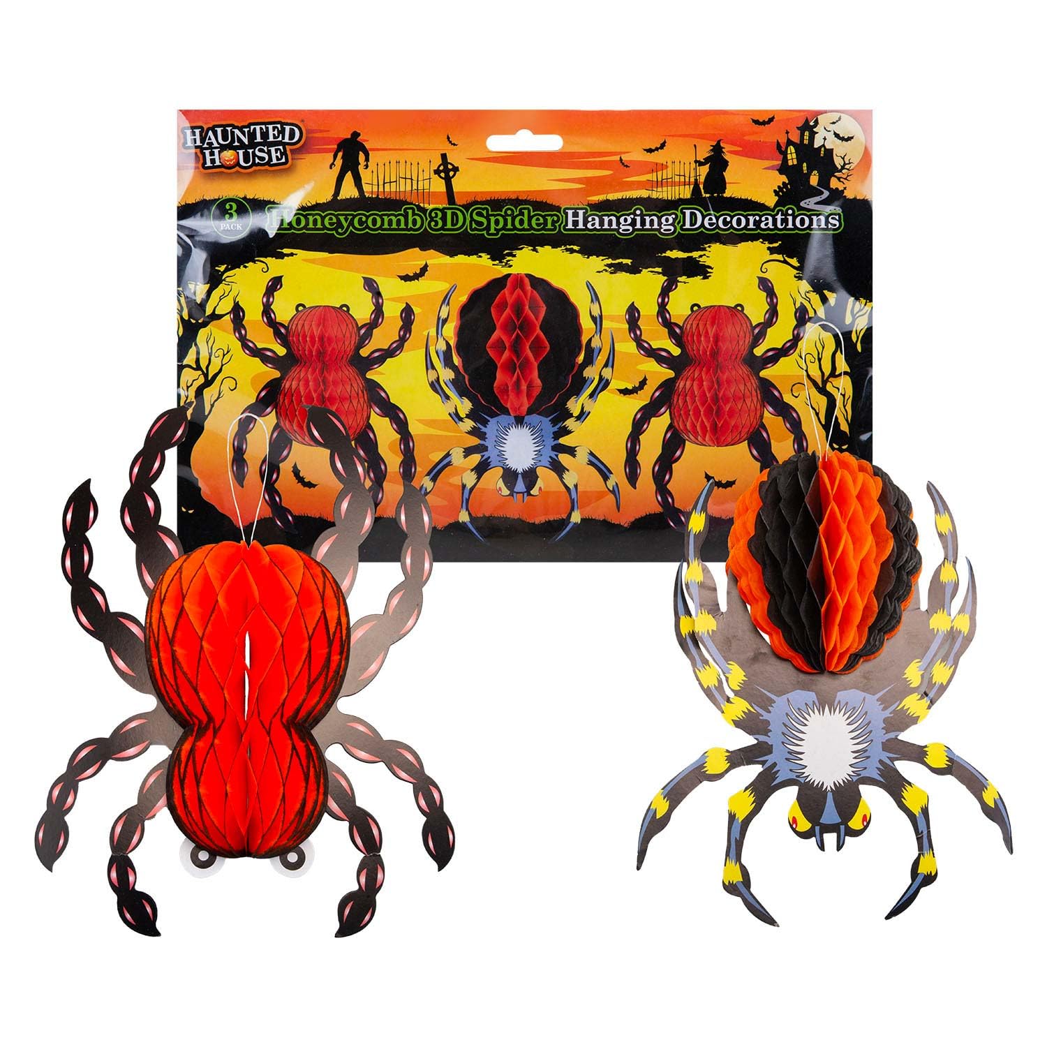 VFM e-Store Halloween Spider Hanging Honeycomb Decoration Set of 3 Red
