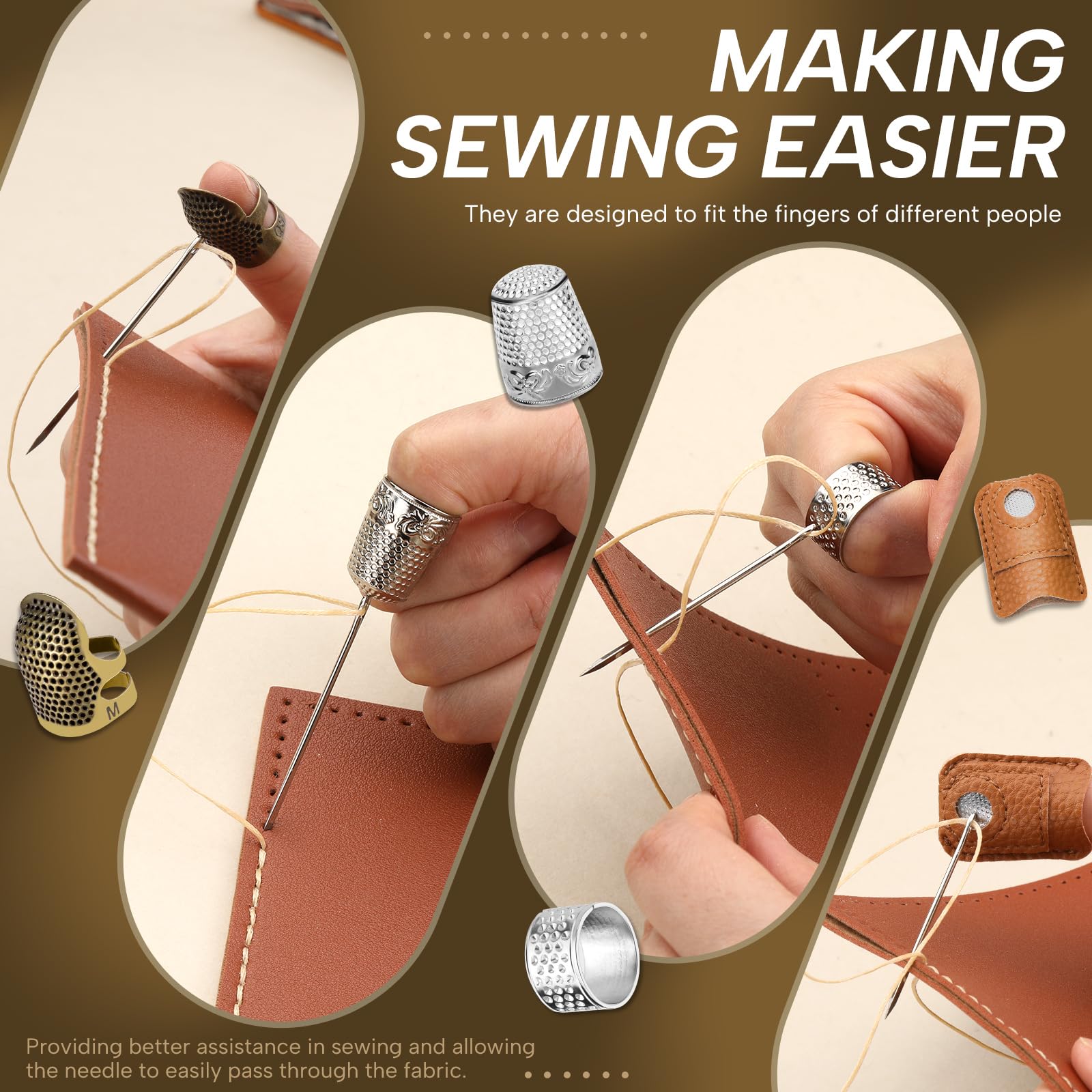 8 Pcs Thimble + 30 Pcs Sewing Needles, Finger Protector Fingertip Adjustable Metal Bronze Rings and Leather Coin Thimble for Needlework, Hand Embroidery Craft