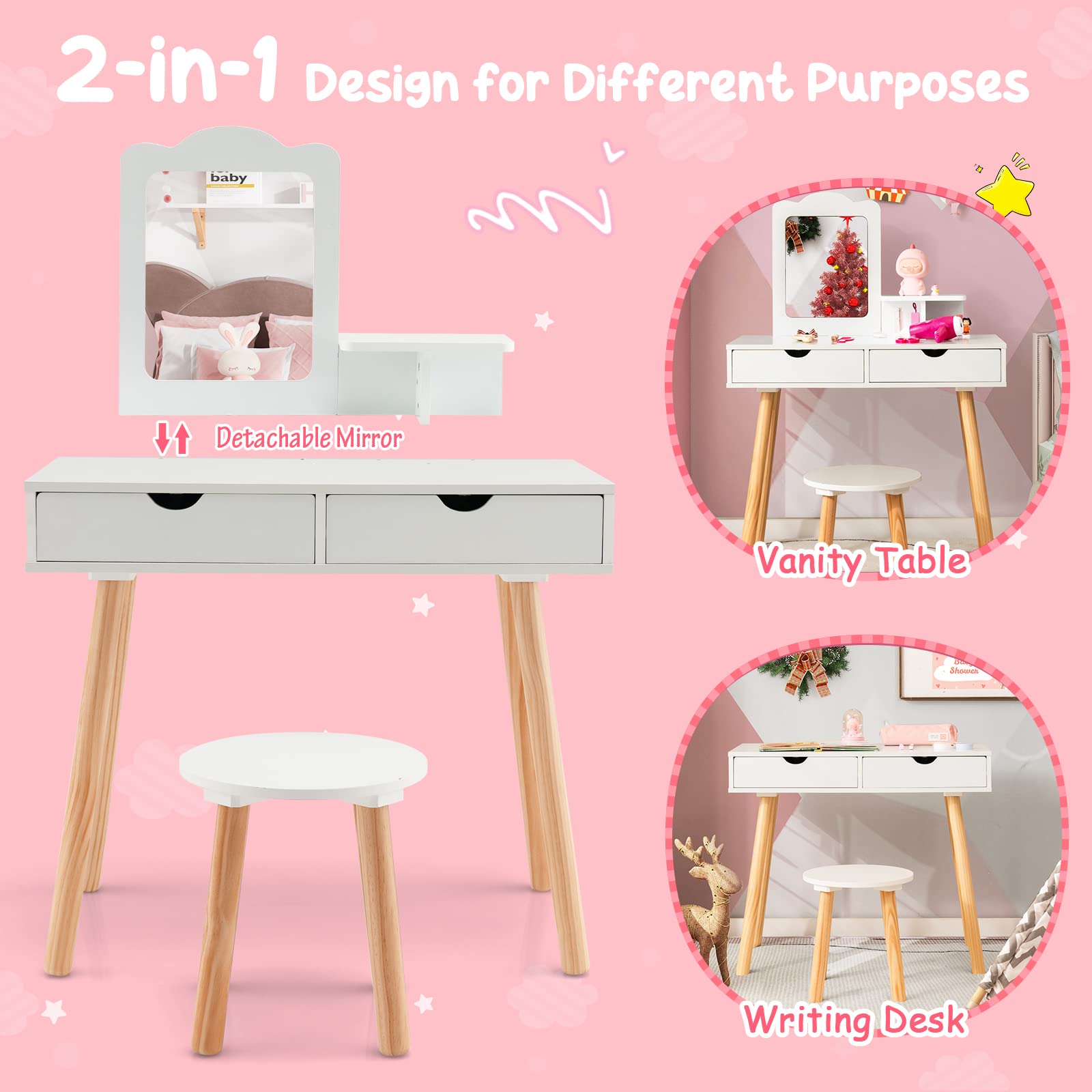 RELAX4LIFE 2 in 1 Toeletta Trucco Bambina con Sgabello, Specchio Staccabile, Set da Trucco con 2 Cassetti, Postazione Trucco per Bambini, 70 x 37 x 100 cm (Bianco)