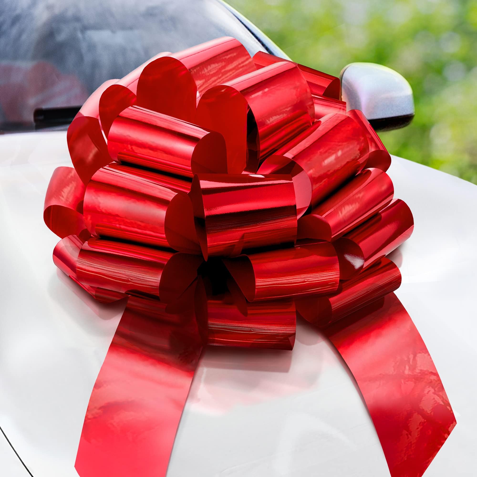 Claev Big Car Bow (Metallic Red, Round, 23 inch), Shiny Bow for Giant Gifts, All-Weather Christmas Decoration