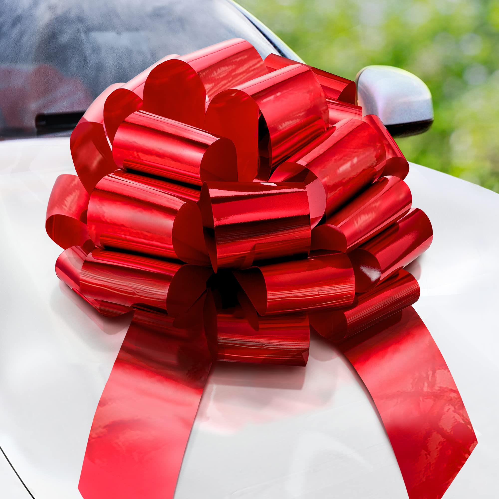 Claev Big Car Bow (Metallic Red, Round, 23 inch), Shiny Bow for Giant Gifts, All-Weather Christmas Decoration