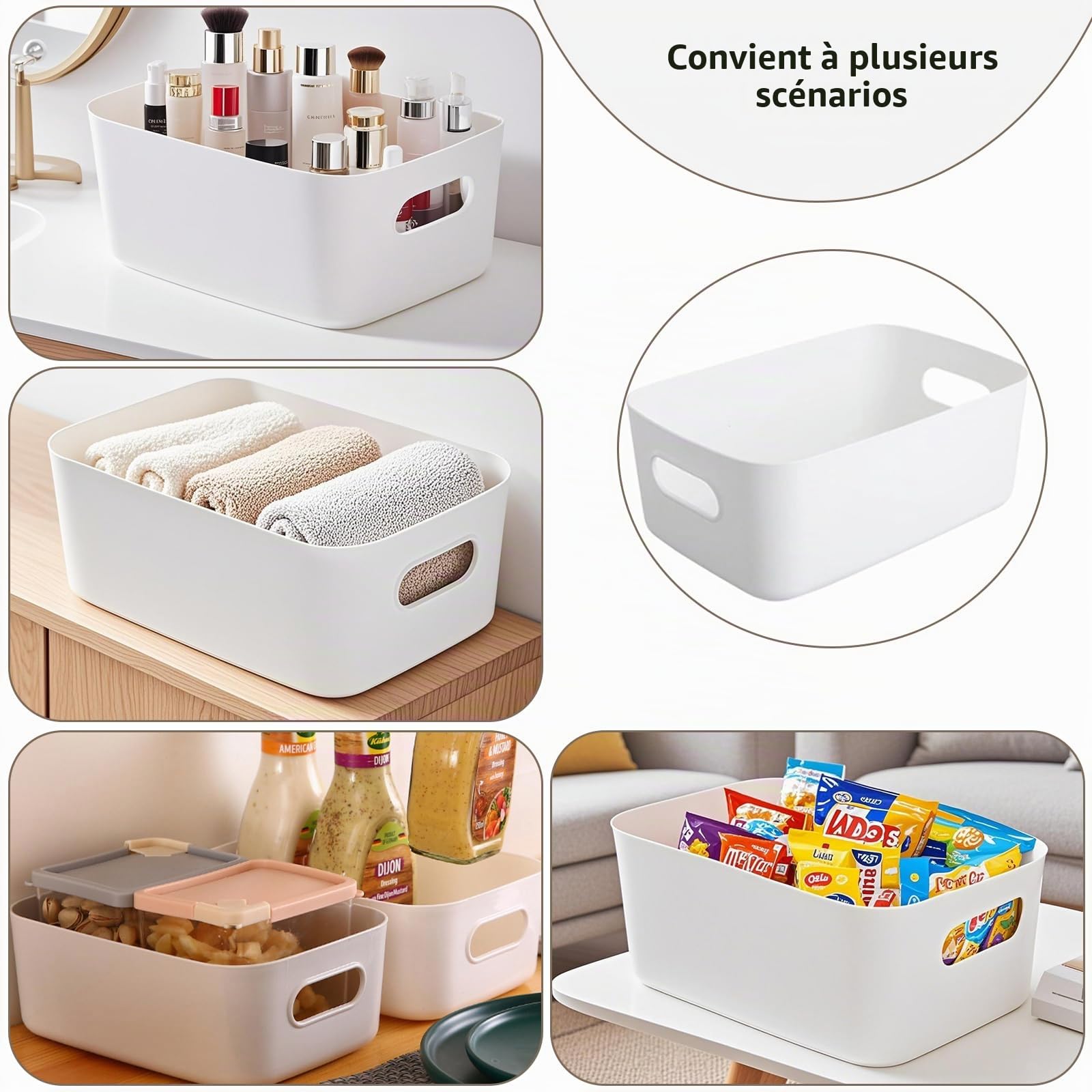 10 Pièces Boîte de Rangement en Plastique avec Poignées, 30x20x12cm, Boîte de Rangement en Plastique, pour Armoire de Cuisine, Salle de Bain, Étagère, Organiseur de Bureau (Blanc)
