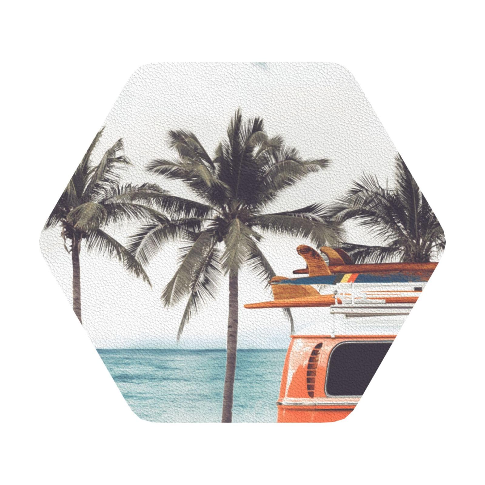 Colorful Bus Palm Tree PU Leather Coasters Set of 6 Hexagon Drink Coasters