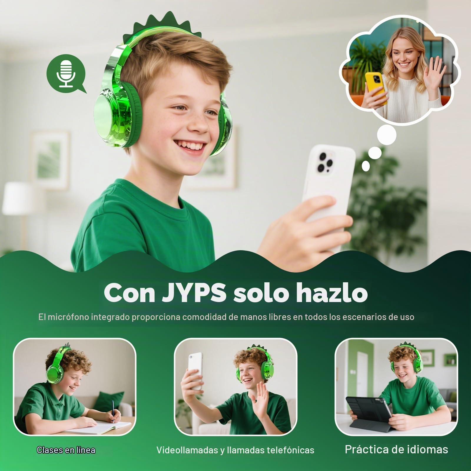 JYPS Auriculares Niños, Metálico Cascos Inalámbricos Bluetooth Niña, 40h Tiempo de Reproducción, 74/85/94dB Limitador Volumen, Bluetooth5.3, Auriculares Infantiles para iPad/Tablet (dinosaurio, verde)