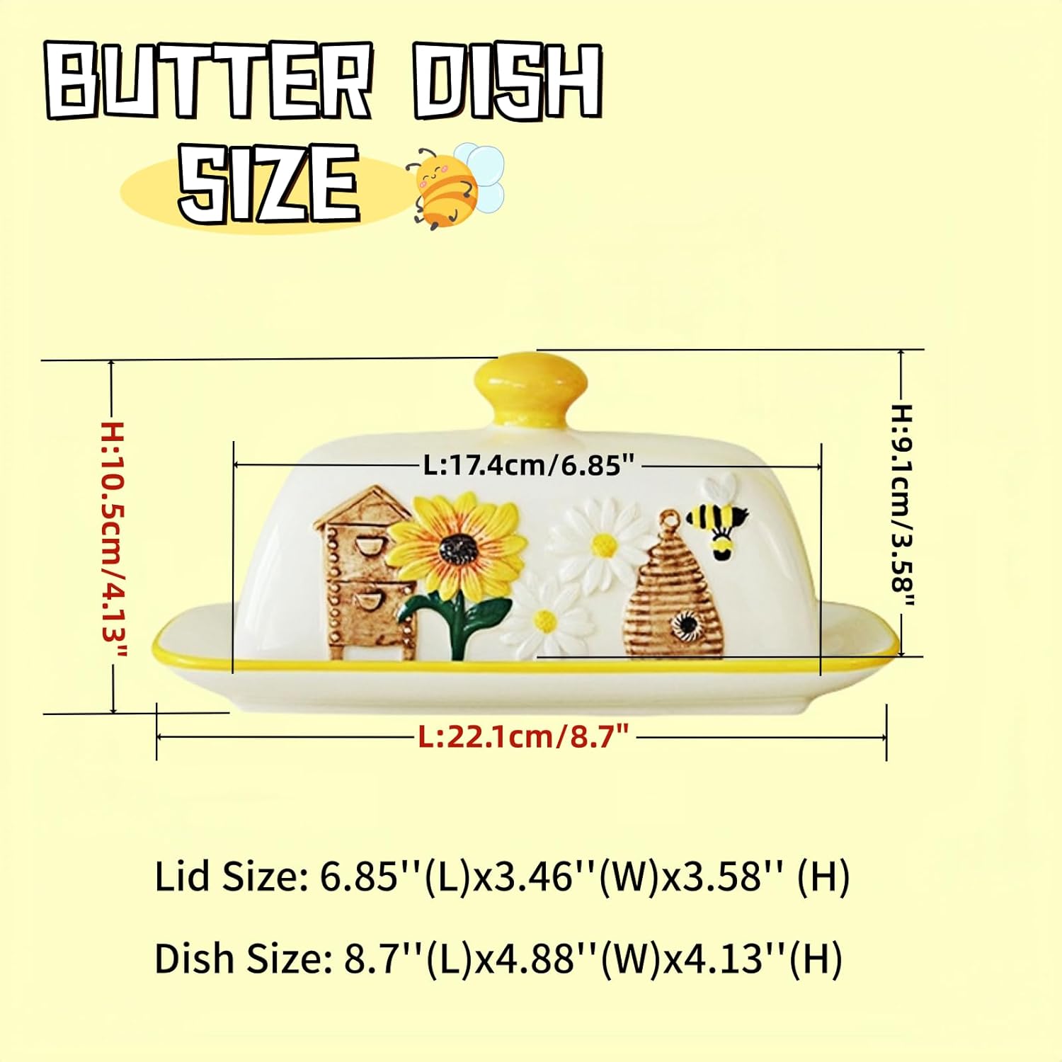 HAN SHENG Ceramic Butter Dish with Lid - Airtight Butter Keeper & Honeycomb Embossed Design - Farmhouse Countertop Storage, Rustic Kitchen Decor, Bee Garden Gift for Butter Lovers