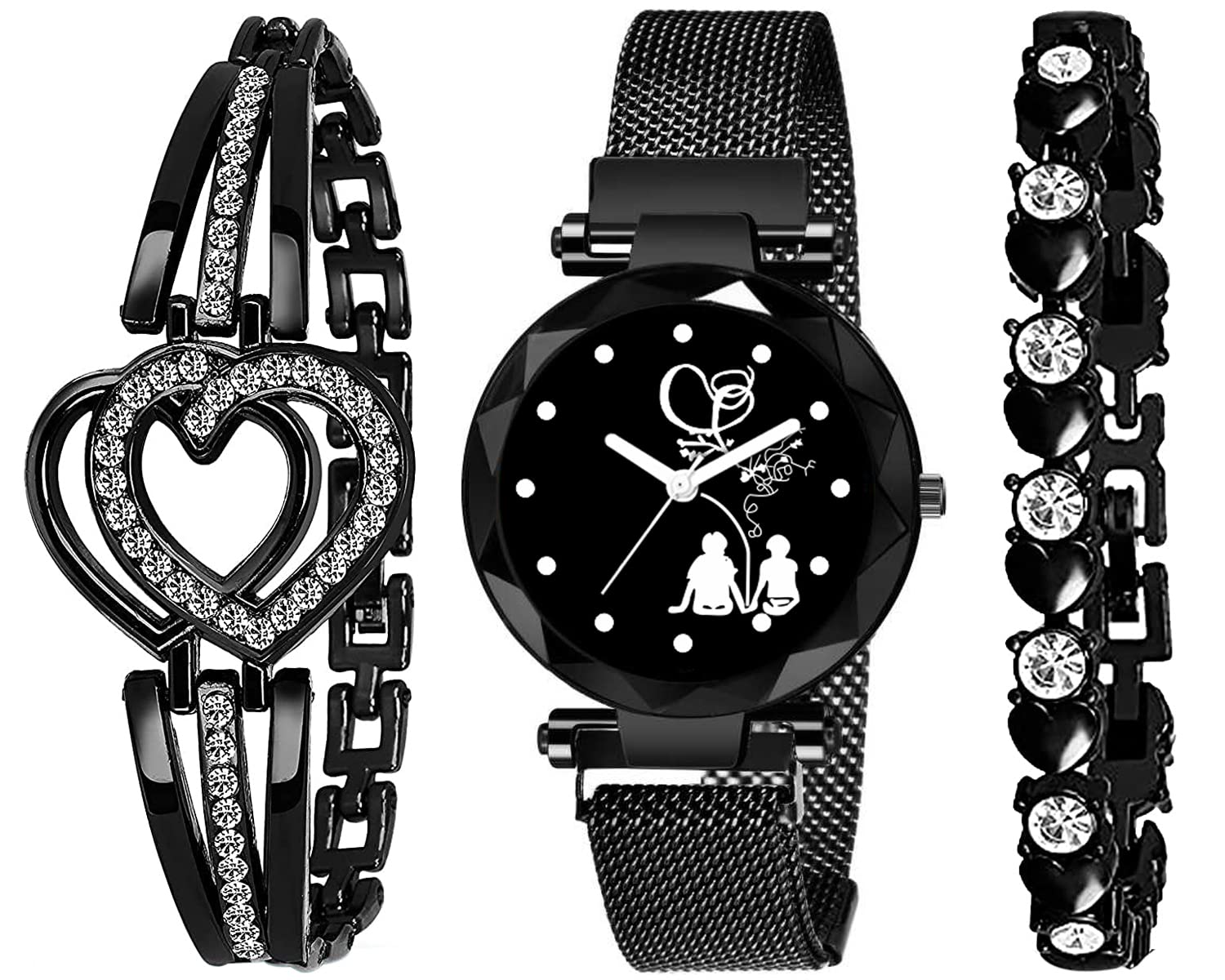 RUSTET Branded Analogue Black Couple Dial Magnet Watch with Gift Bracelet for Women or Girls(Combo of 3) (Black2) (B09R7RVS7K) Amazon Price History, Amazon Price Tracker