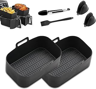 Silicone Air Fryer Liners for Ninja Air Fryer Dual, Rectangular Ninja Air Fryer Liners, Reusable Air Fryer Silicone Liner with Silicone Gloves & Tong & Oil Brush, Ninja Air Fryer Accessories(6PCS)